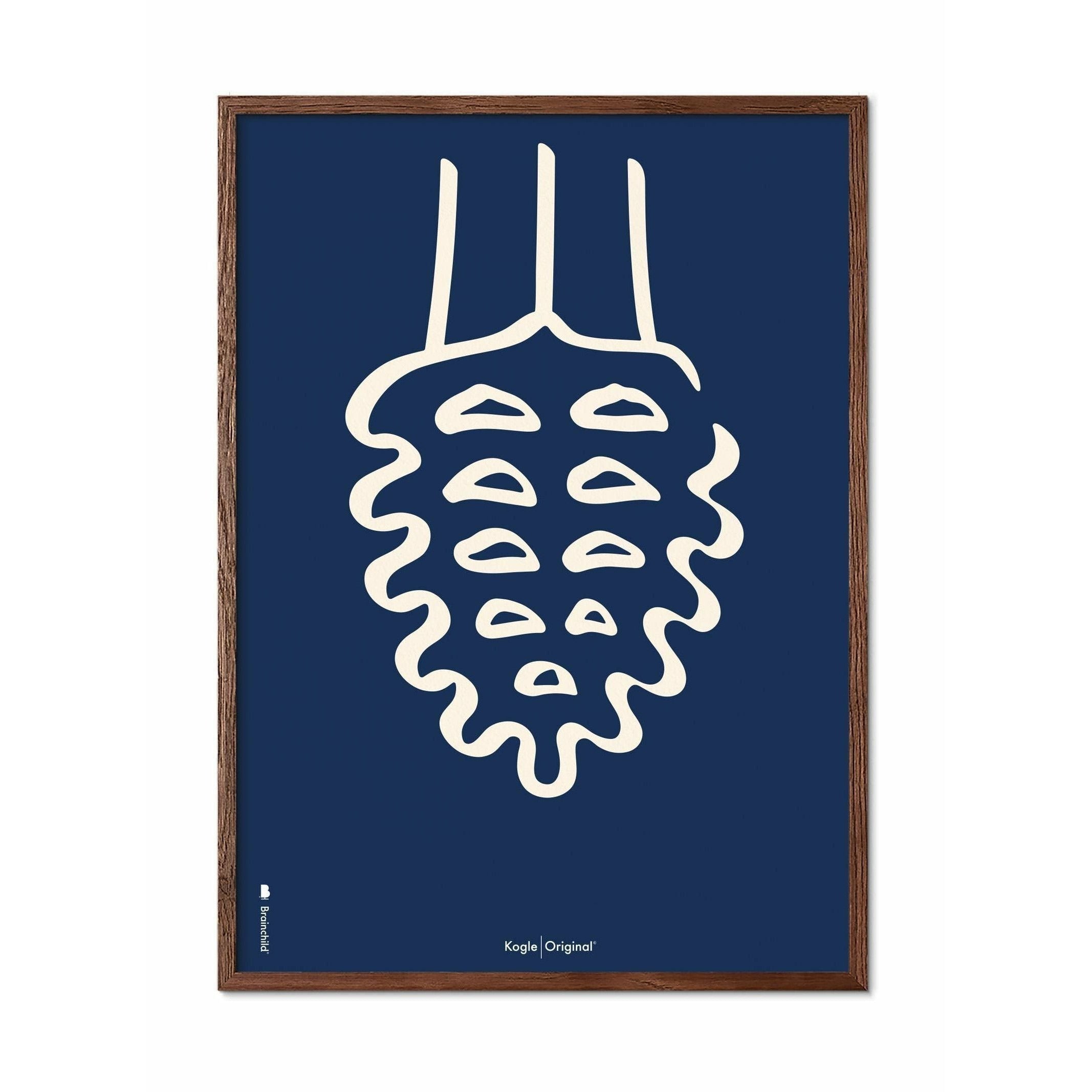 Brainchild Pine Cone Line Poster, Frame Made Of Dark Wood 50x70 Cm, Blue Background