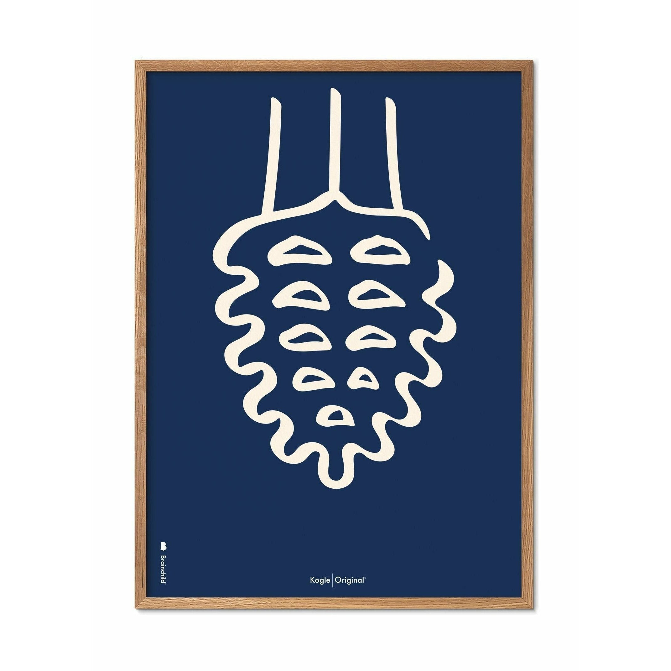 Poster di linea del cono di pino da frutto, telaio in legno chiaro 70x100 cm, sfondo blu
