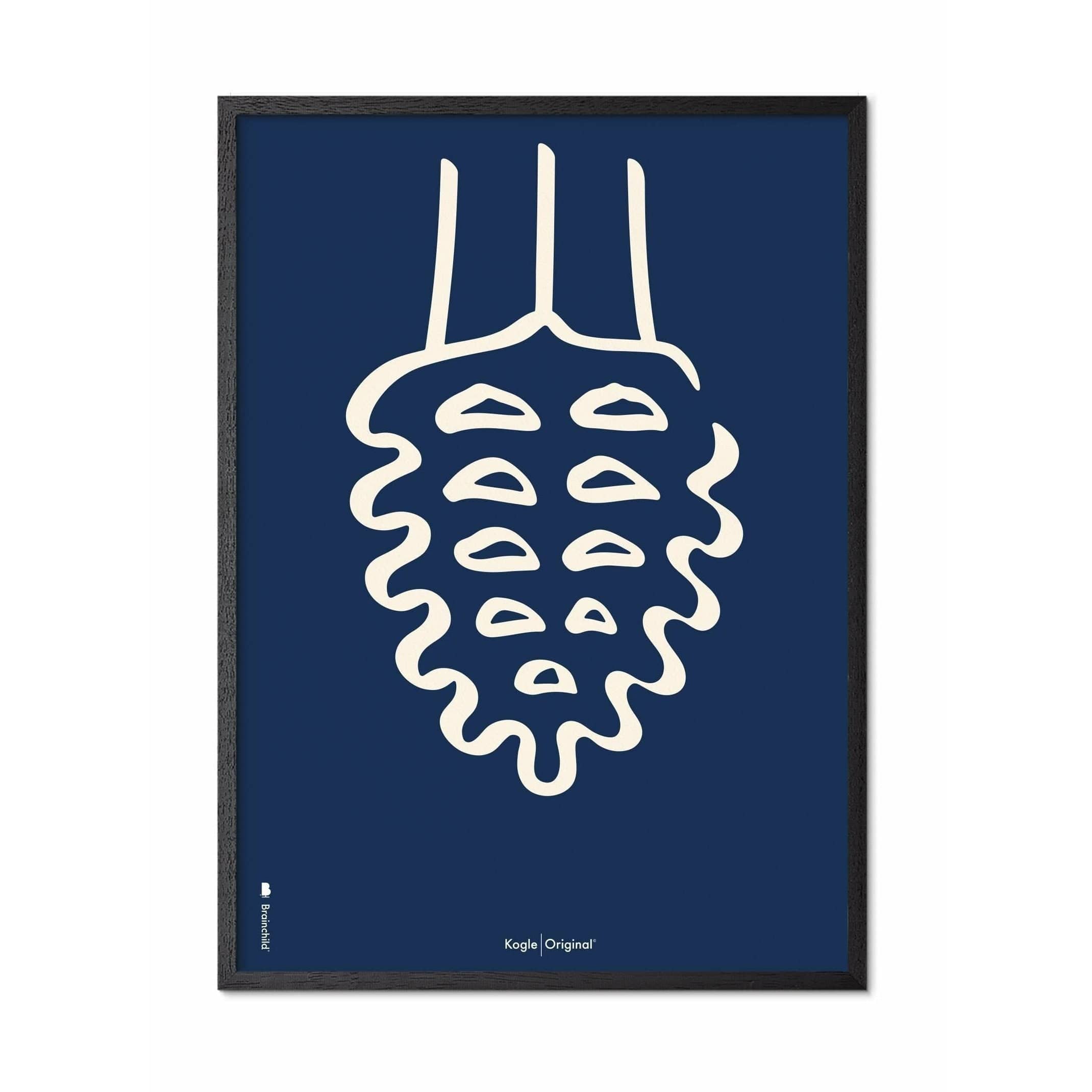 Brainchild Affiche de la ligne du cône de pin, cadre en bois laqué noir 30x40 cm, fond bleu