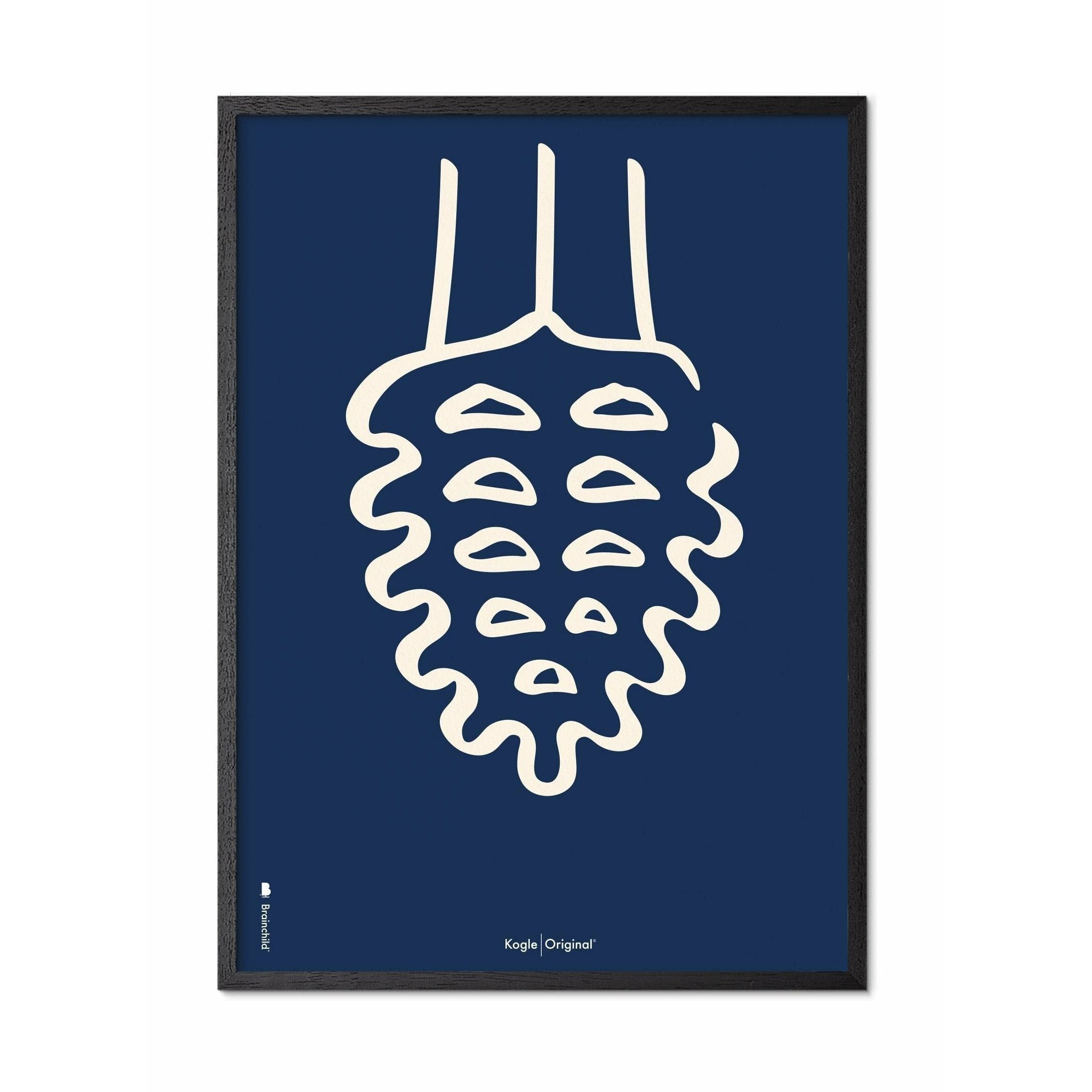Poster della linea del cono di pino da un'idea, cornice in legno laccato nero 50x70 cm, sfondo blu