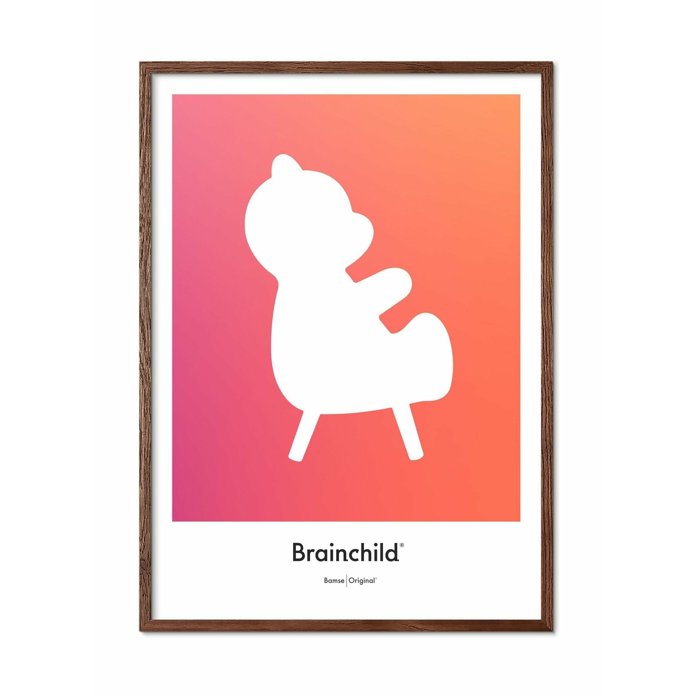 Brainchild Teddy Bear Design -kuvakkeen juliste, kehys, joka on valmistettu tummasta puusta 50 x70 cm, oranssi