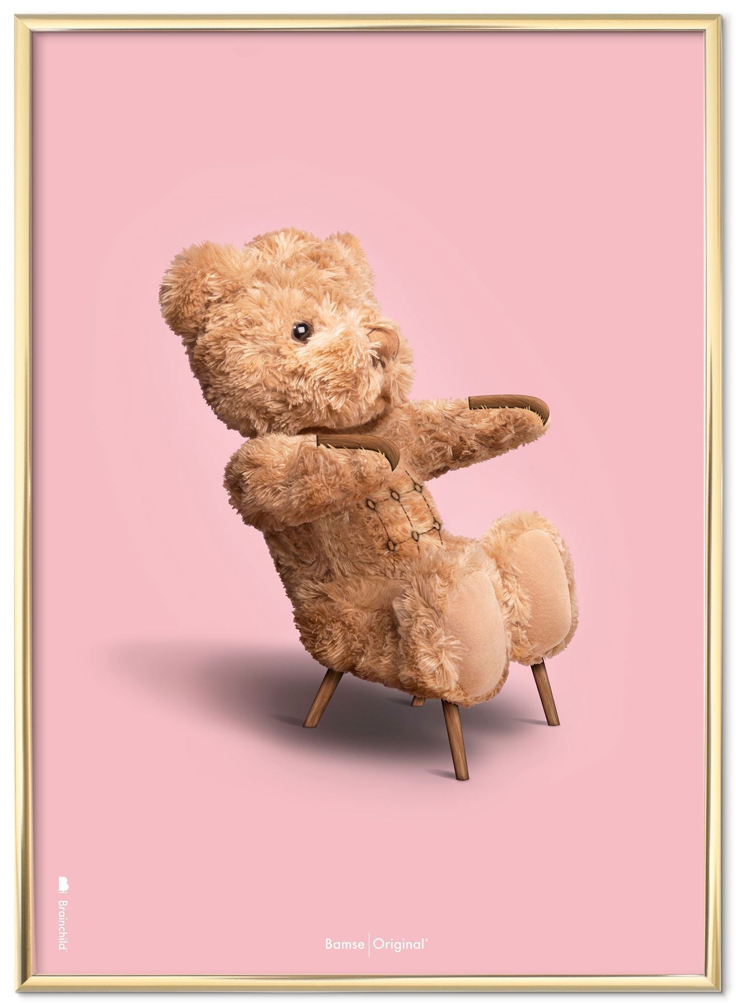 创意泰迪熊经典海报黄铜彩色框架30x40厘米，粉红色背景