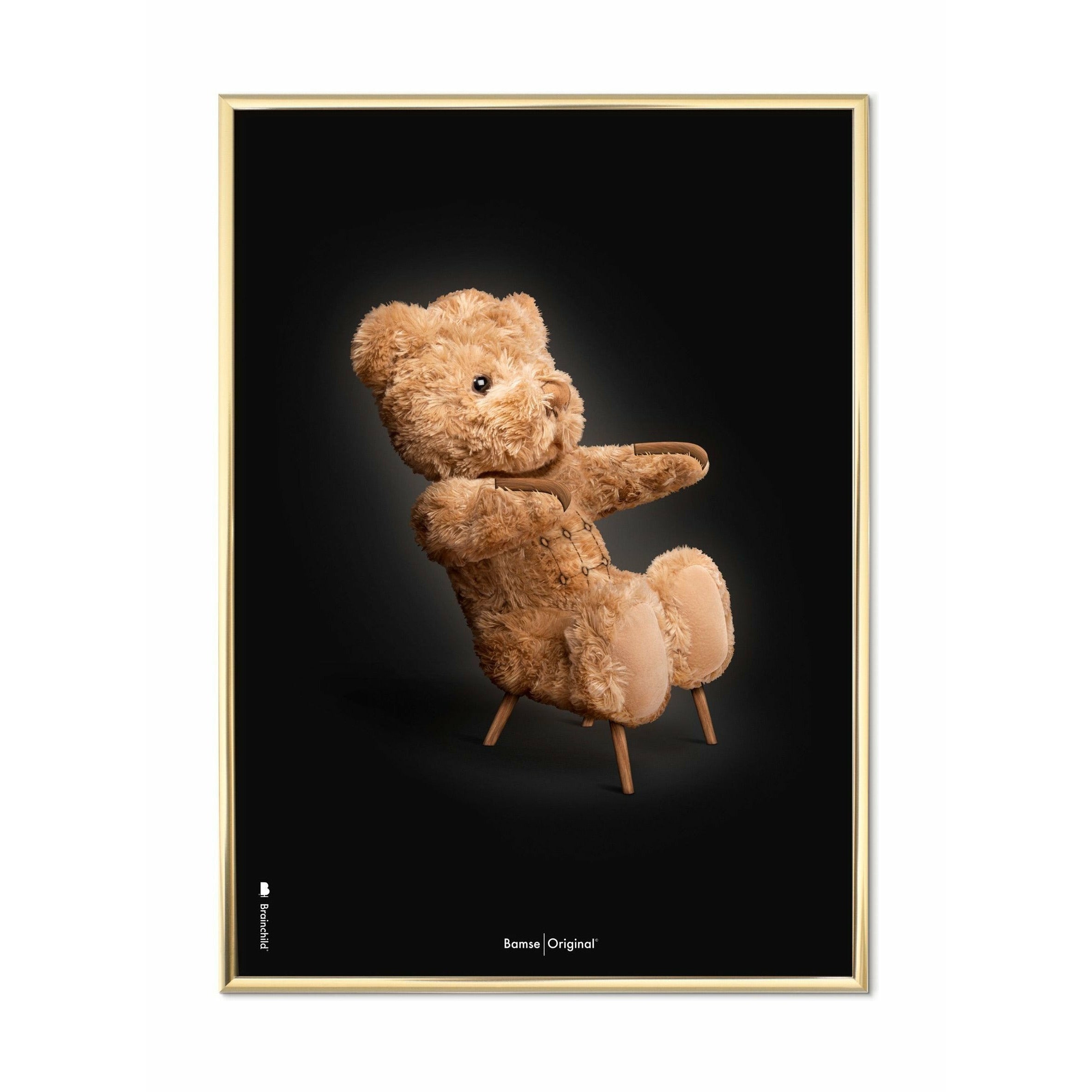 Brainchild Teddy Bear Classic Poster, Brass Frame 50x70 Cm, Black Background