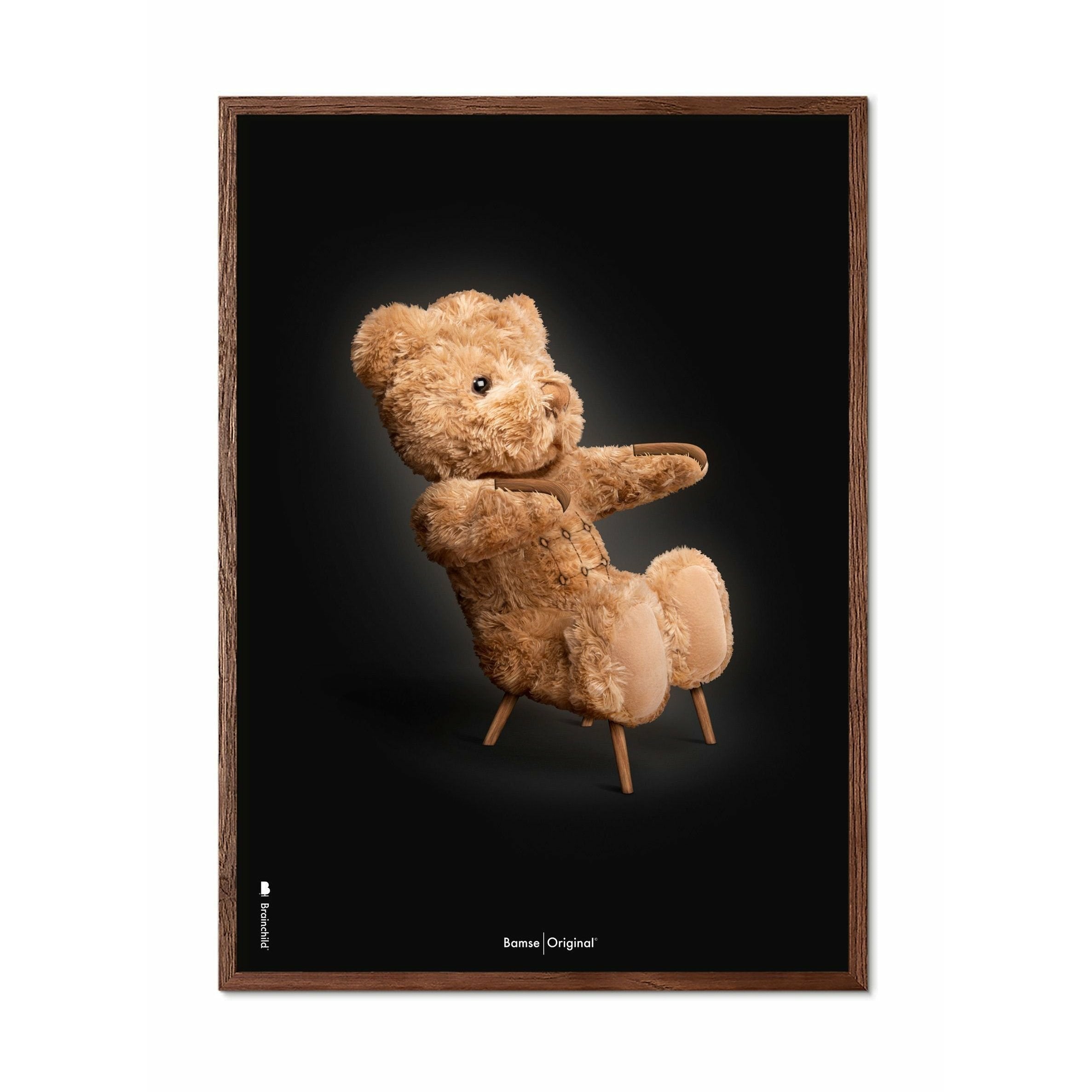 Brainchild Teddybär Classic Poster, Rahmen aus dunklem Holz 30x40 Cm, schwarzer Hintergrund