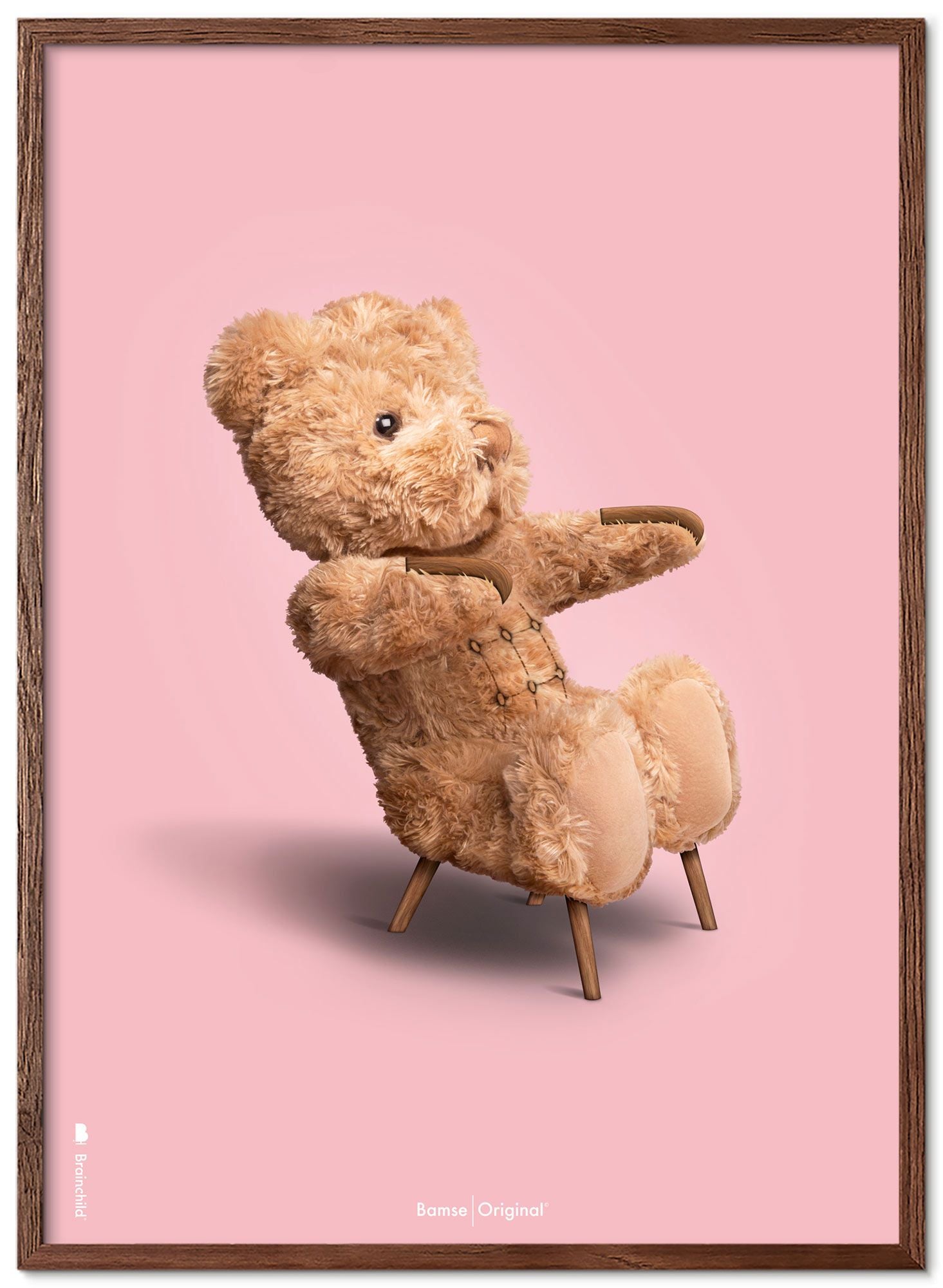 创意泰迪熊经典海报框架由深木杆制成70x100厘米，粉红色背景