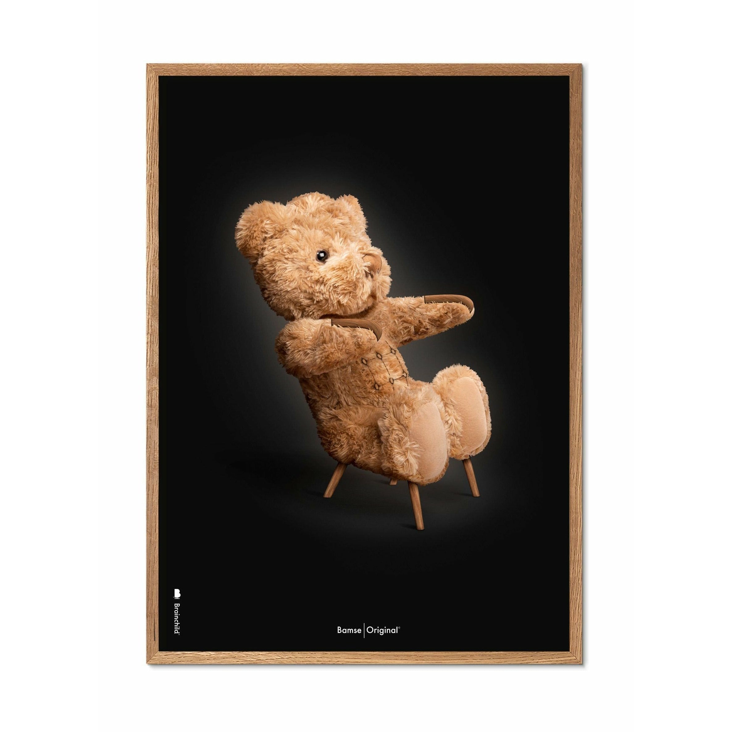brainchild Teddybeer klassieke poster, frame gemaakt van licht hout 30x40 cm, zwarte achtergrond