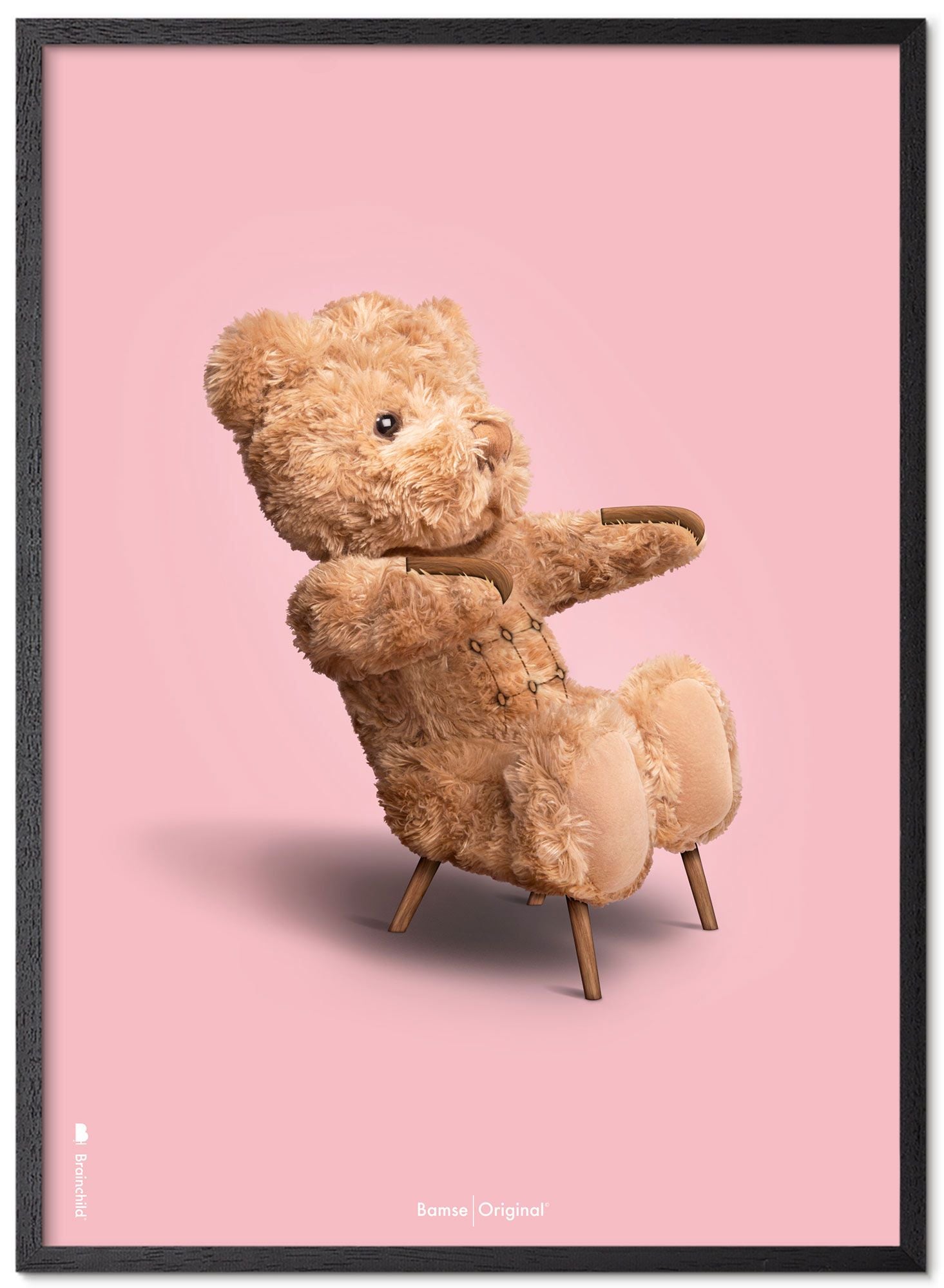 Marco de póster clásico de oso de peluche de creación hecha de madera lacada negra 30x40 cm, fondo rosa