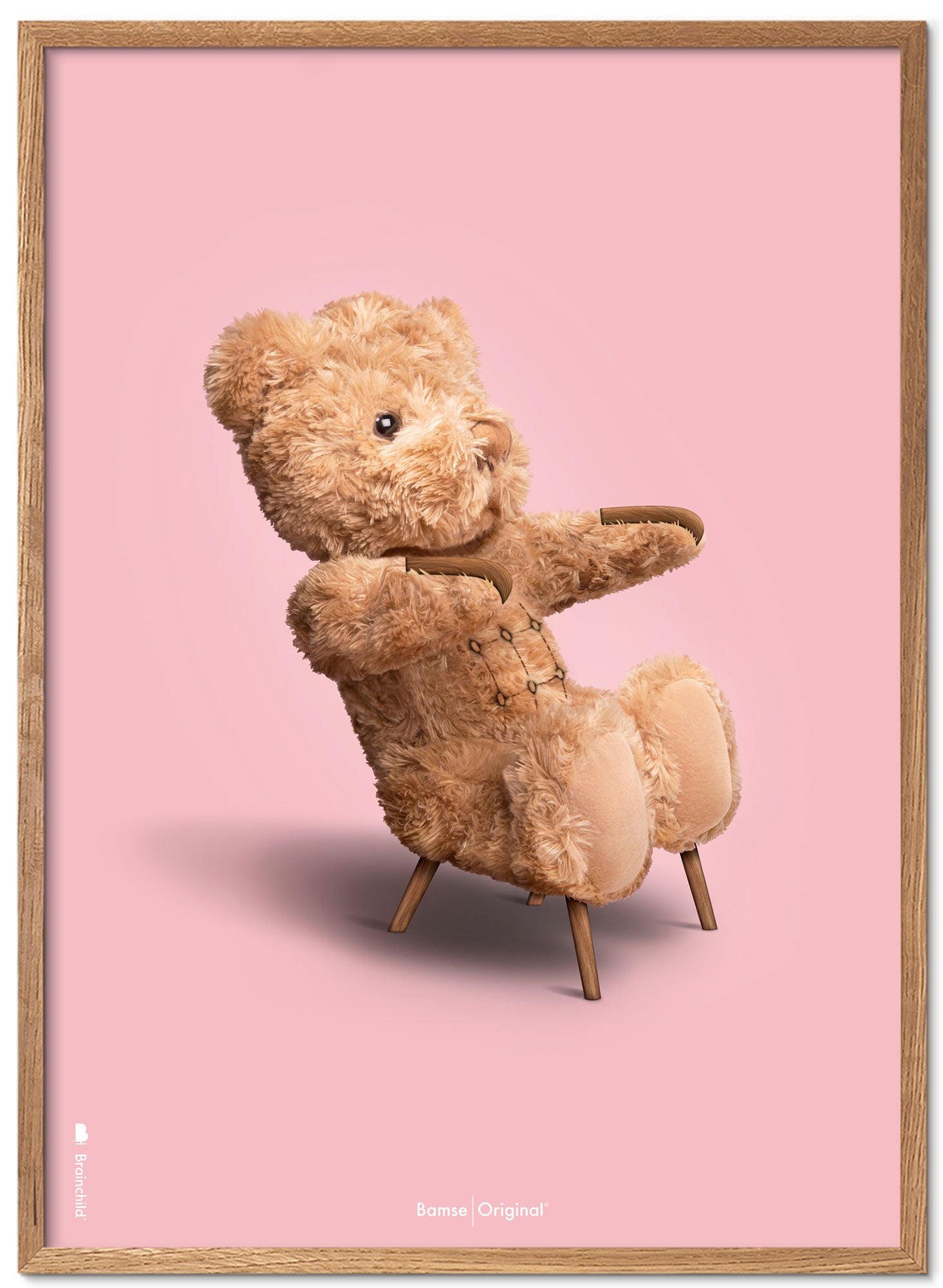 Marco de póster clásico de BrainChild Teddy Bear Hecho de madera clara Ramme 50x70 cm, fondo rosa