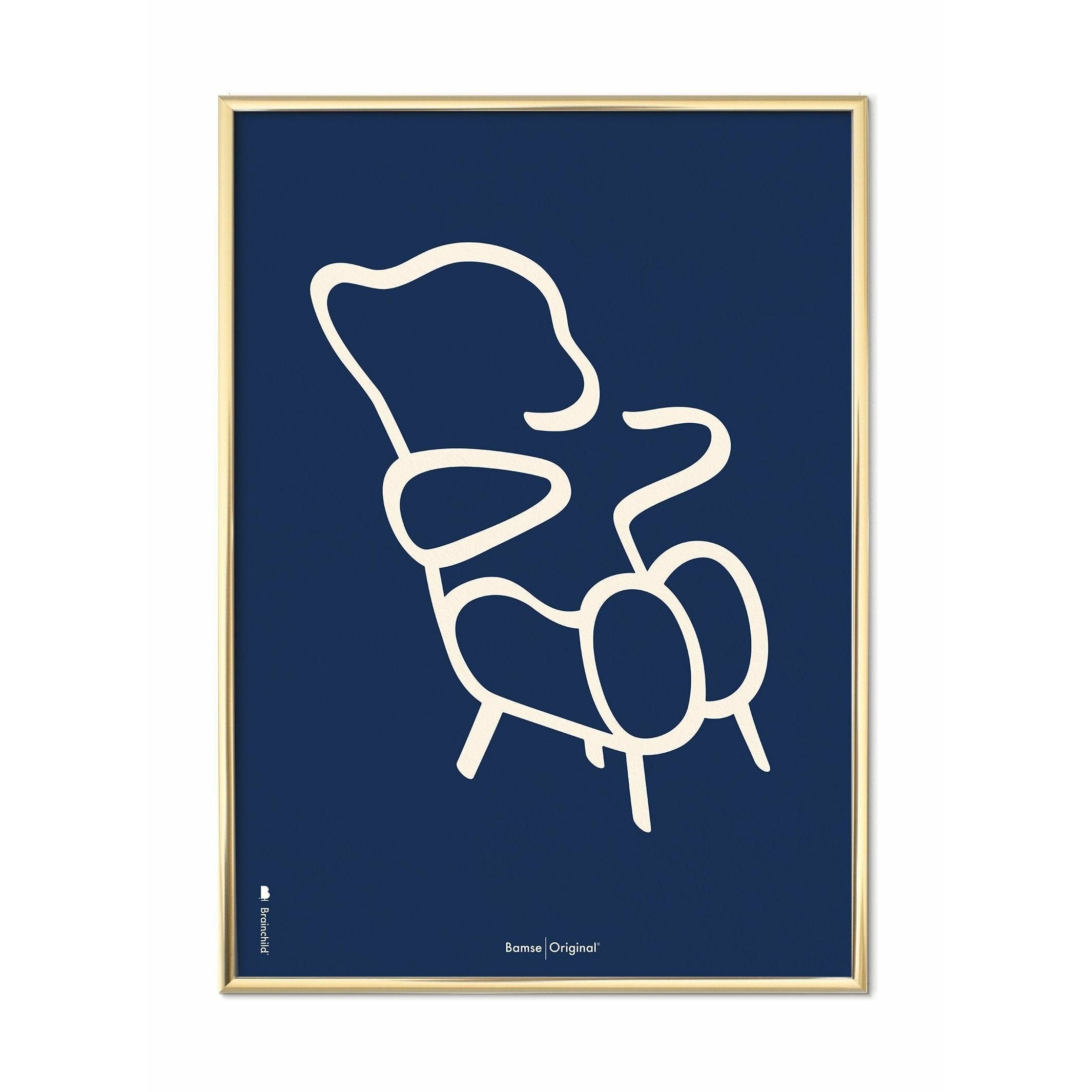 Brainchild Teddybeerlijnposter, messing gekleurd frame 50x70 cm, blauwe achtergrond