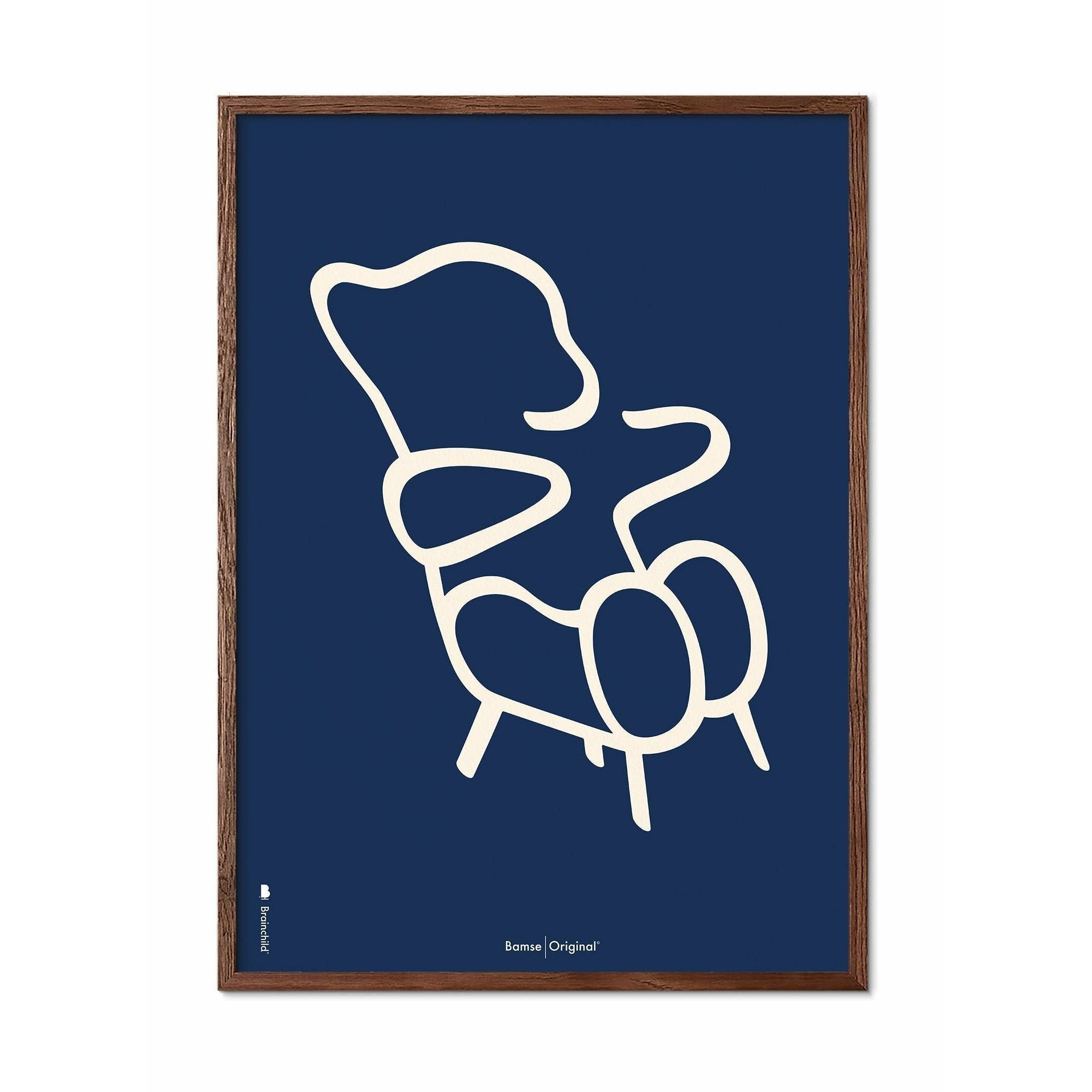 Brainchild Teddy Bear Line Poster, Rahmen aus dunklem Holz 30x40 Cm, blauer Hintergrund