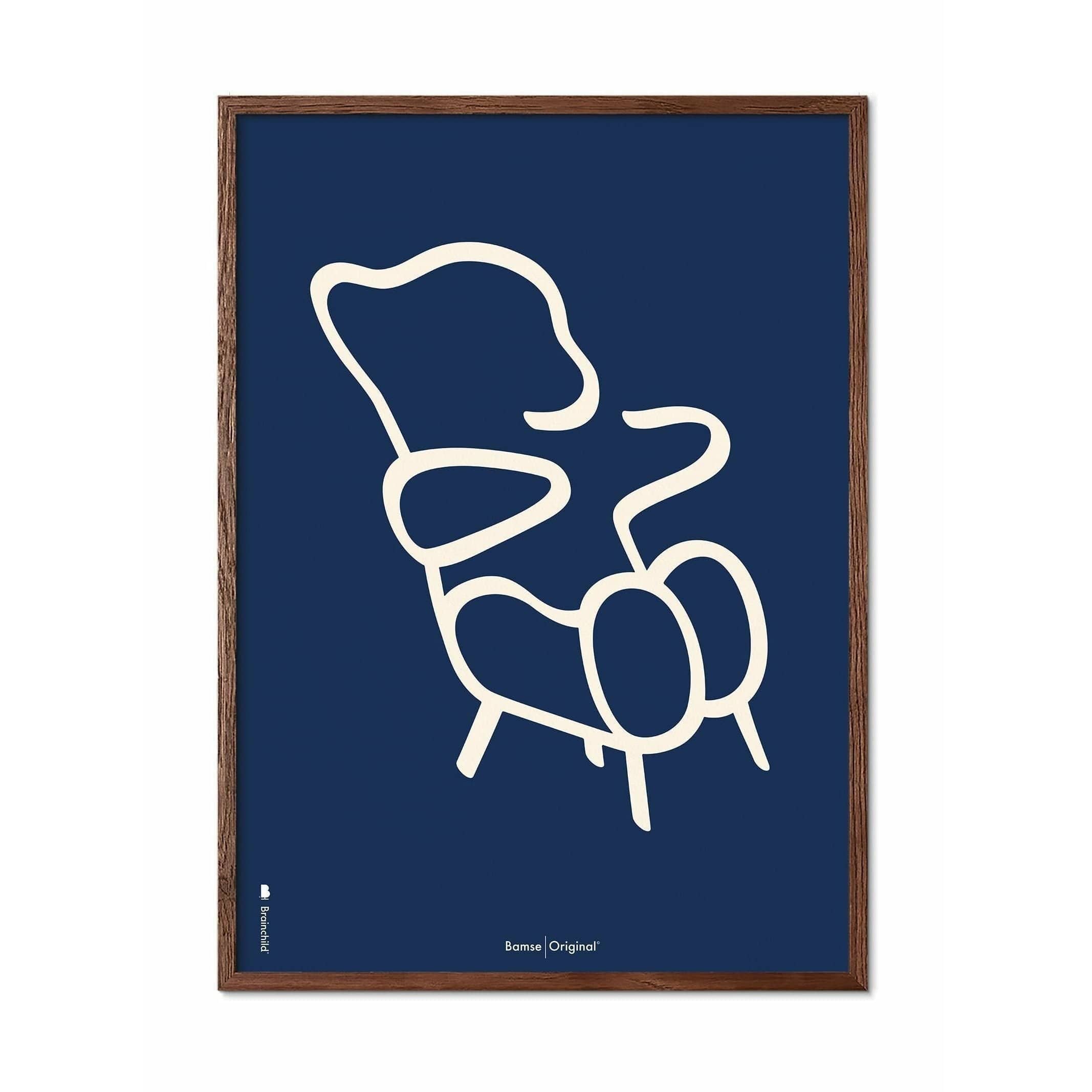 Brainchild Teddy Bear Line Poster, Rahmen aus dunklem Holz 50x70 cm, blauer Hintergrund