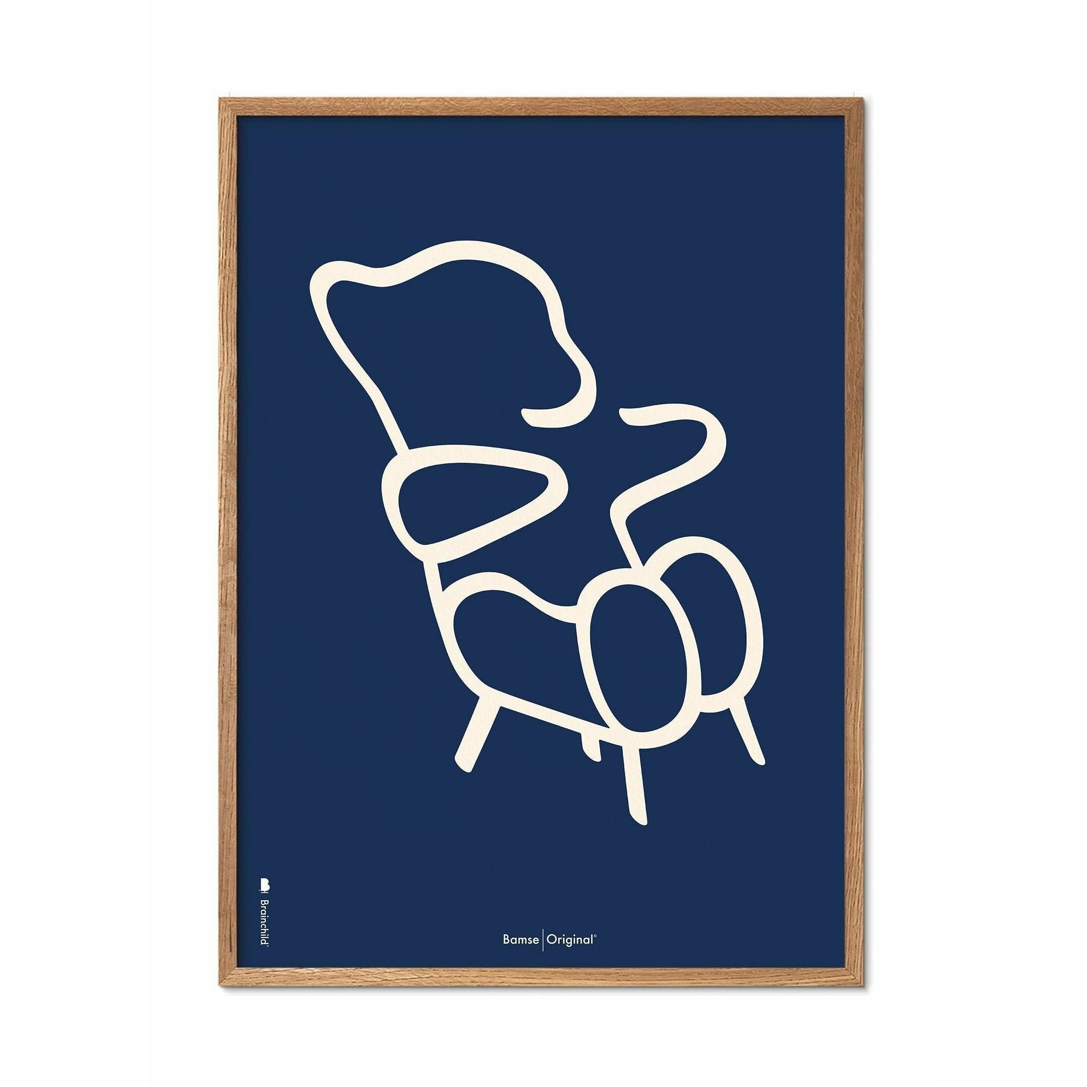 Brainchild Teddy Bear Line Poster, Rahmen aus hellem Holz 30x40 Cm, blauer Hintergrund