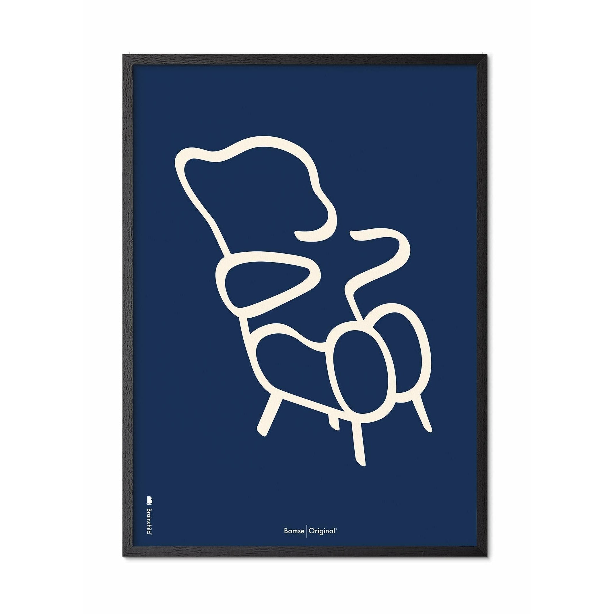 Brainchild Teddy Bear Line Poster, Frame In Black Lacquered Wood 50x70 Cm, Blue Background