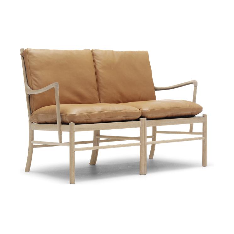 Carl Hansen OW149 2 divano coloniale, quercia oliata bianca/pelle marrone chiaro