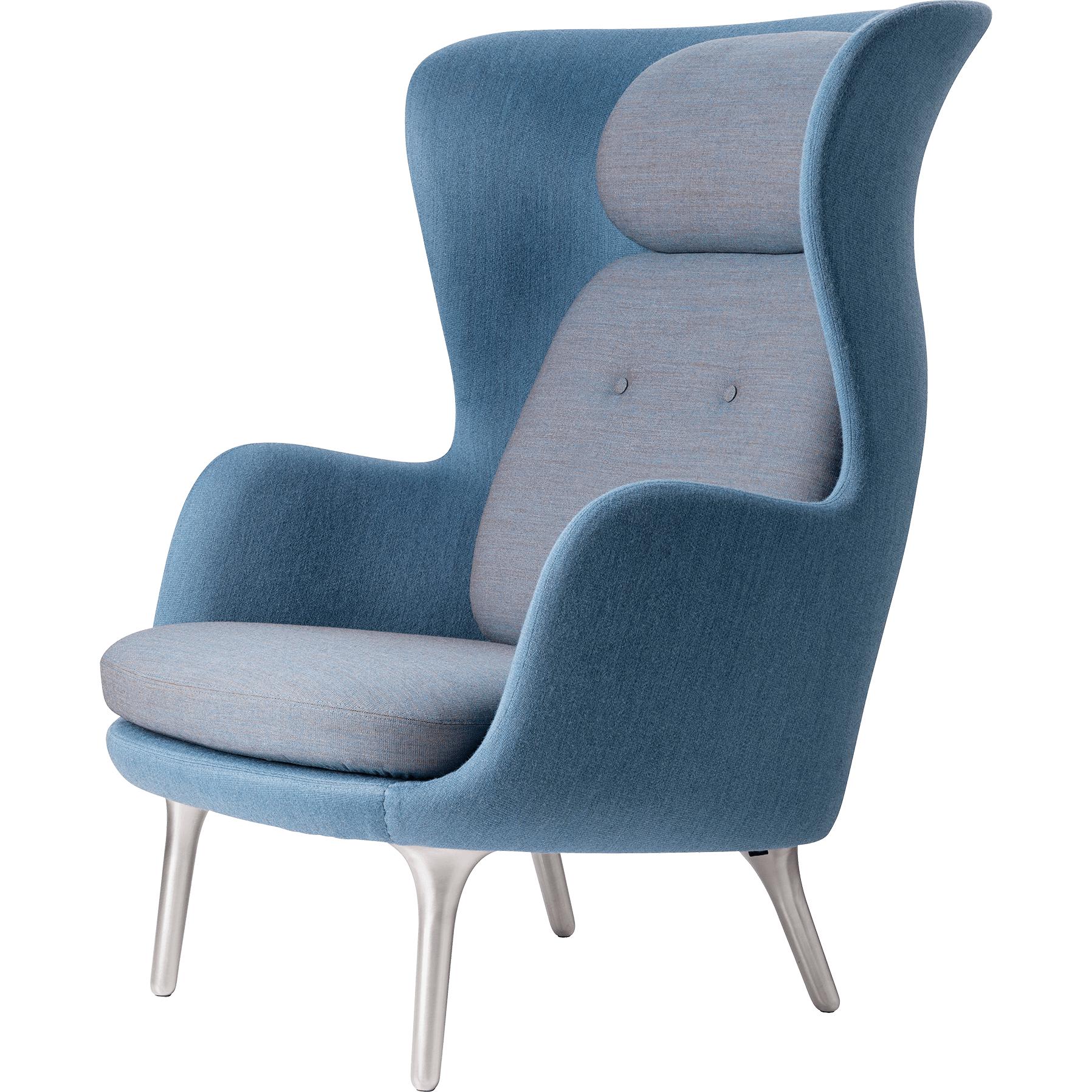 Fritz Hansen Ro lounge stol to tonus aluminium, humørblå/ lærred blå