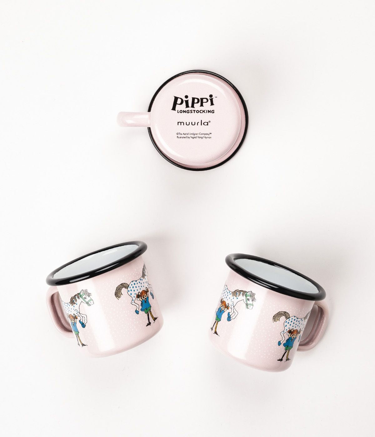Muurla Pippi Long Stocking搪瓷杯，皮皮和马，粉红色