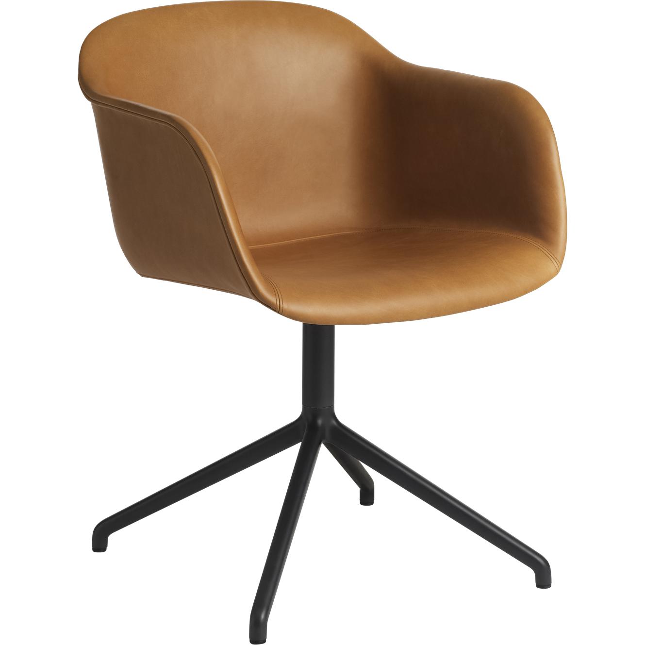Muuto Fiber扶手椅旋转底座，精炼式皮革座椅，棕色干邑