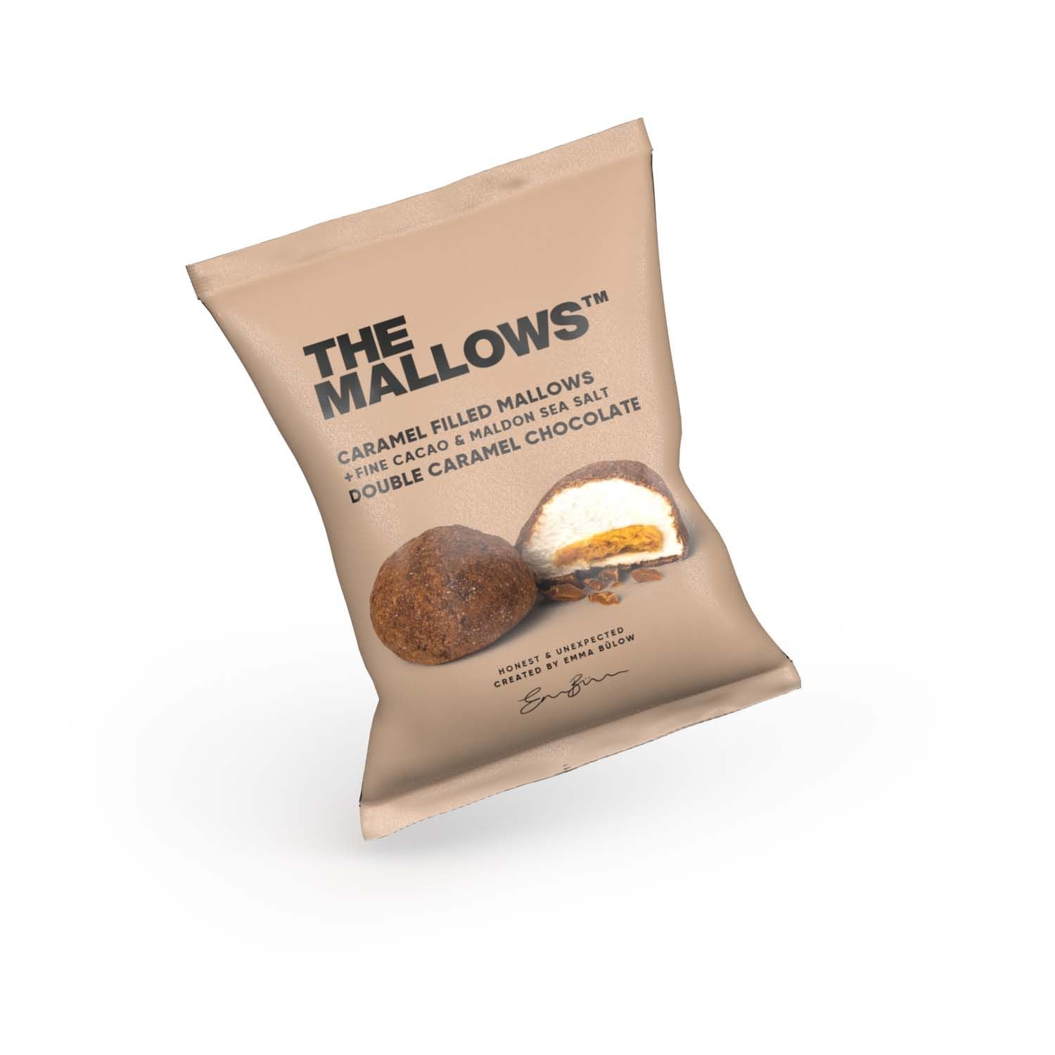 The Mallows Marshmallows met karamelvulling en chocolade dubbele karamelchocolade, 18 g