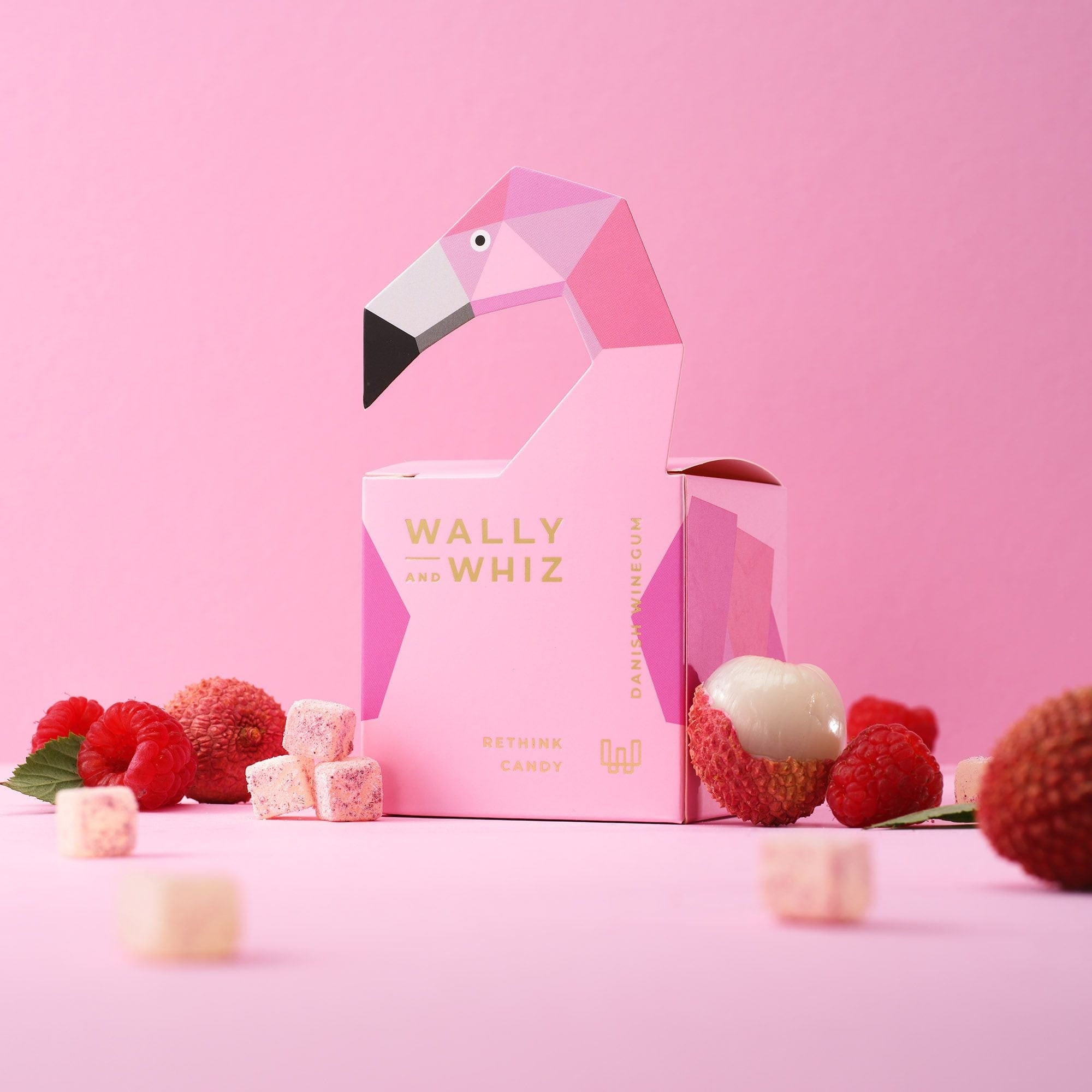 Wally和Whiz Wine Gum Cube，带覆盆子的火烈鸟粉红色lychee，140克