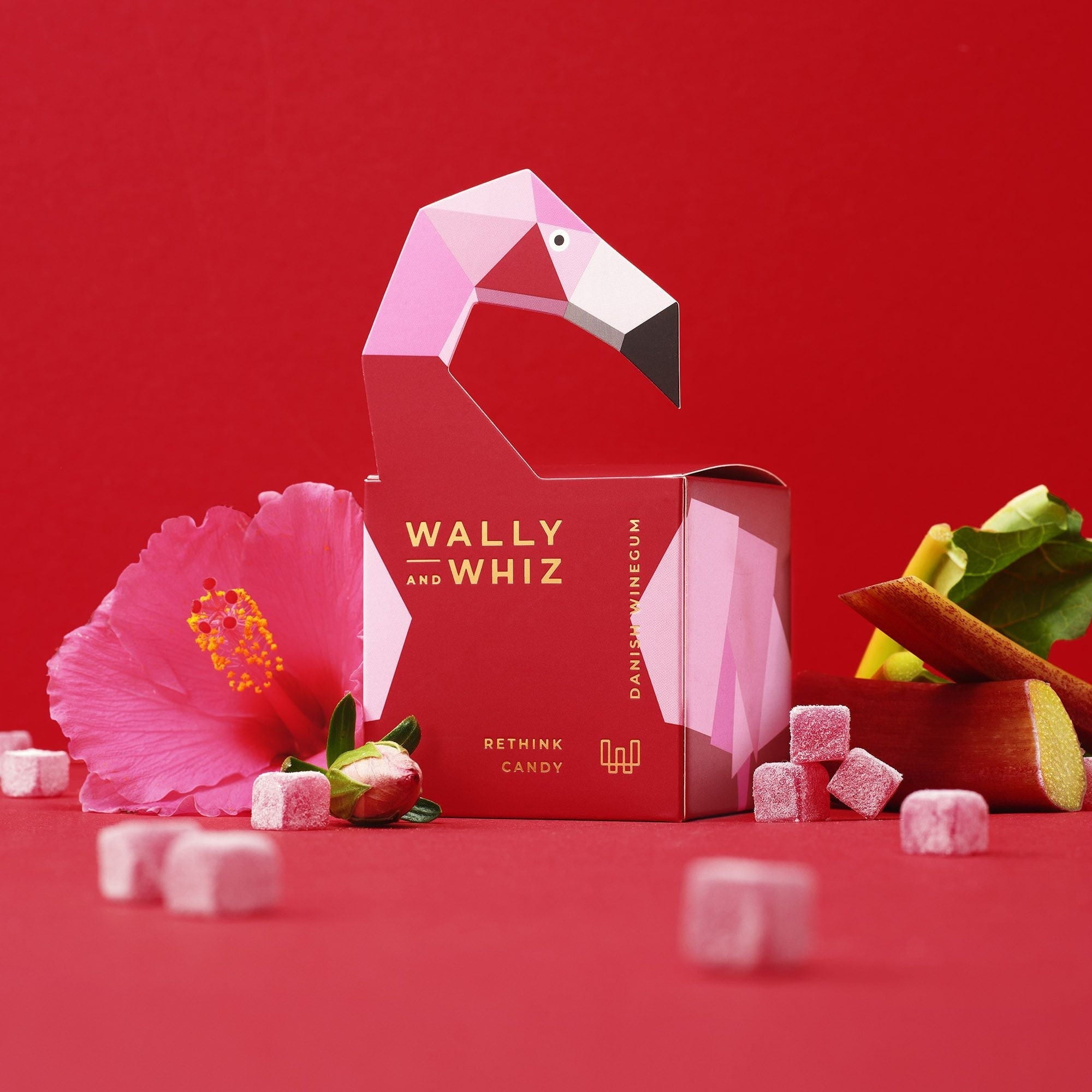Wally And Whiz Vin gummi terning, flamingo rød hibiscus med rabarber 140 g