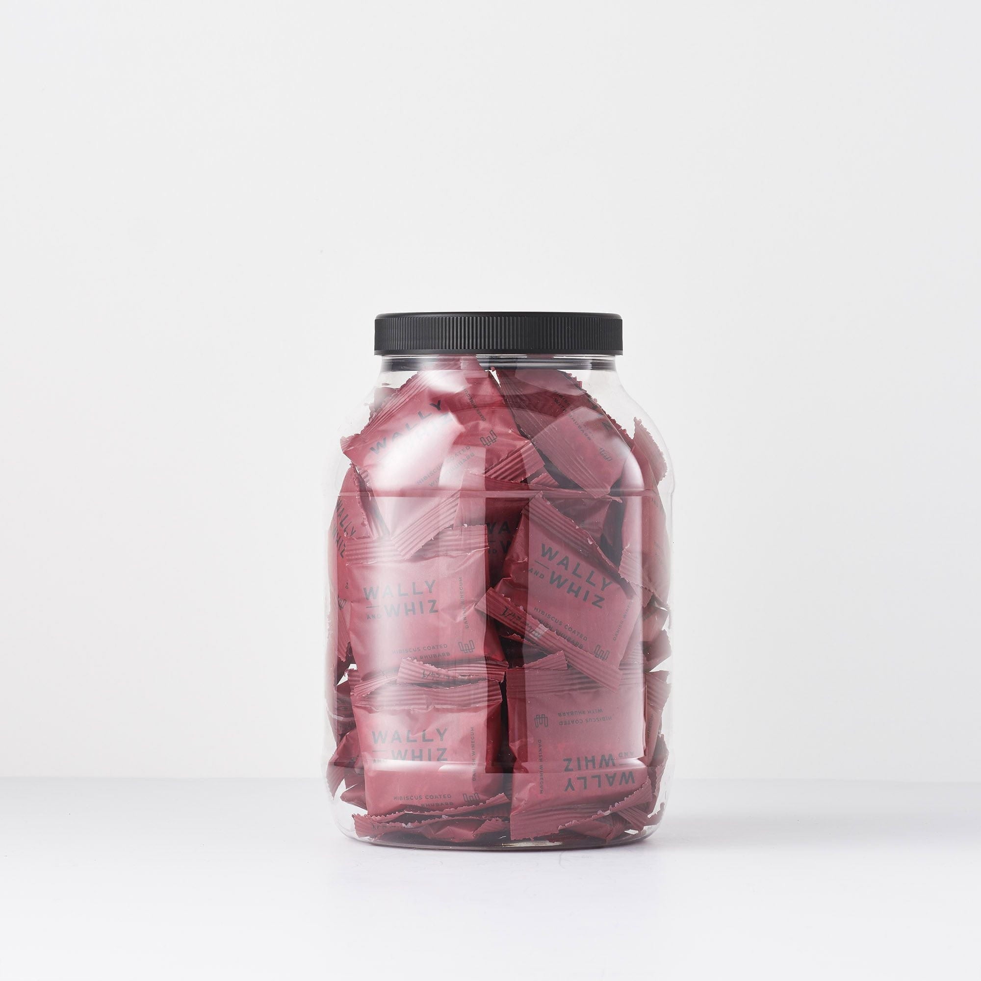Wally og Whiz Wine Gum Jar með 50 flæðipökkum, hibiscus með rabarbara