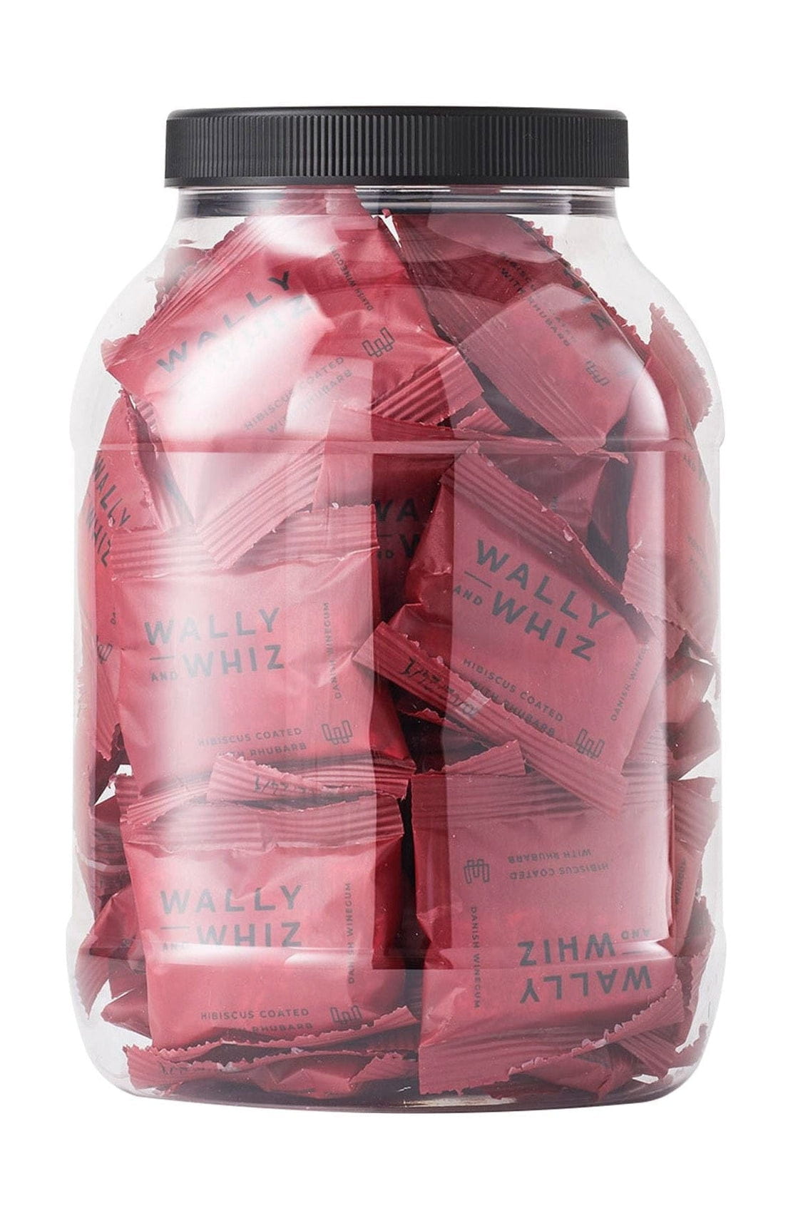 Wally og Whiz Wine Gum Jar með 50 flæðipökkum, hibiscus með rabarbara