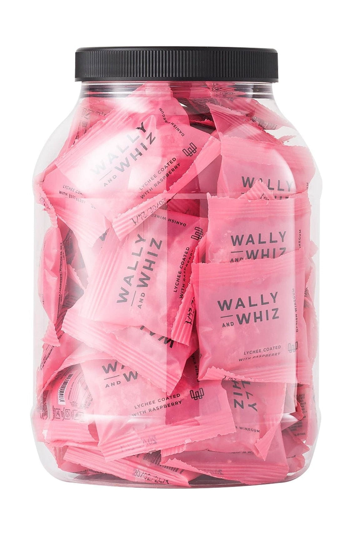 Wally y Whiz Wine Gum Jar con 50 paquetes de flujo, Lychee con frambuesa