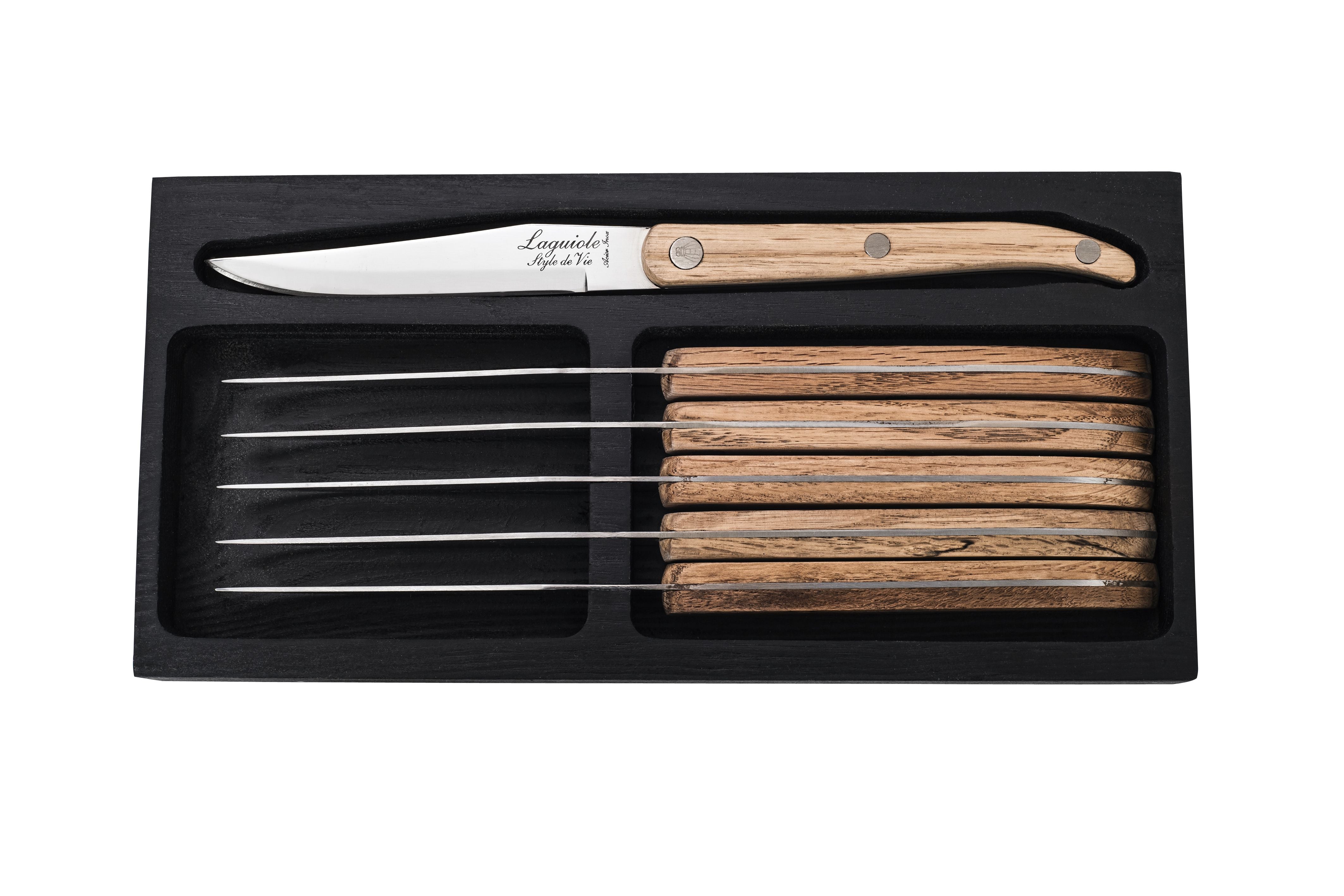 Estilo de Vie Authentique Laguiole Innovation Line Kneak Knives de 6 piezas de madera de roble, cuchilla suave