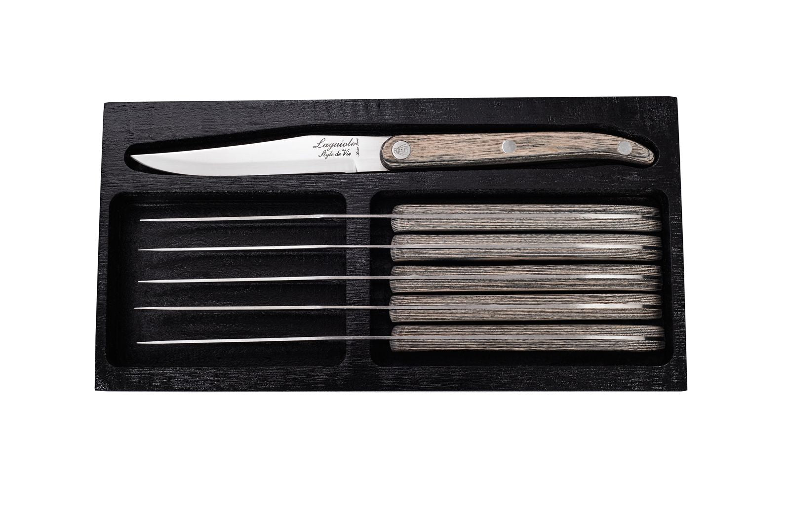 Style de vie autentique laguiole innovasjonslinje biffkniver 6 stk sett, grå pakka med glatt blad