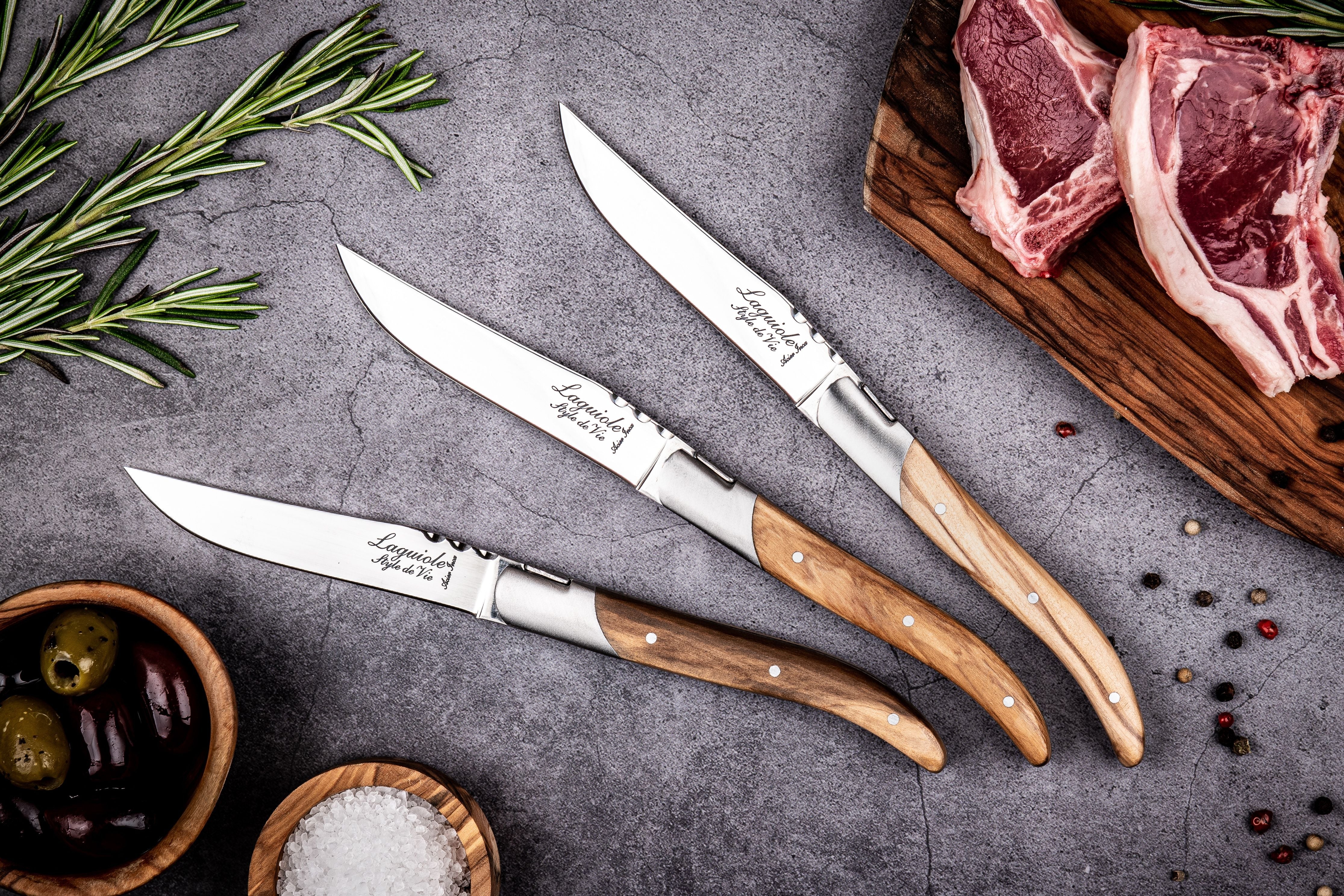 Style De Vie Authentique Laguiole Luxury Line Steak Knives 6 Piece Set, Olive Wood