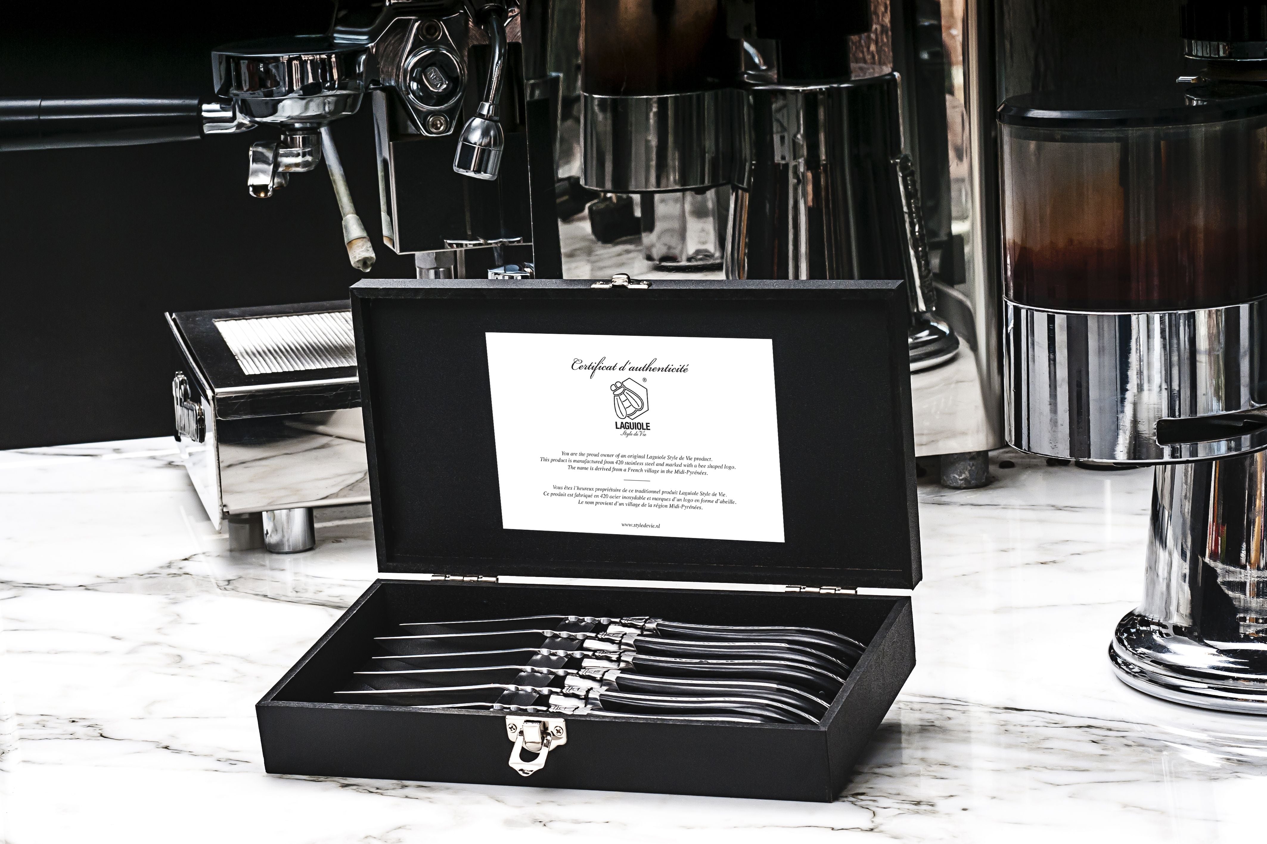 Style De Vie Authentique Laguiole Luxury Line Steak Knives 6 Piece Set, Black Ebony