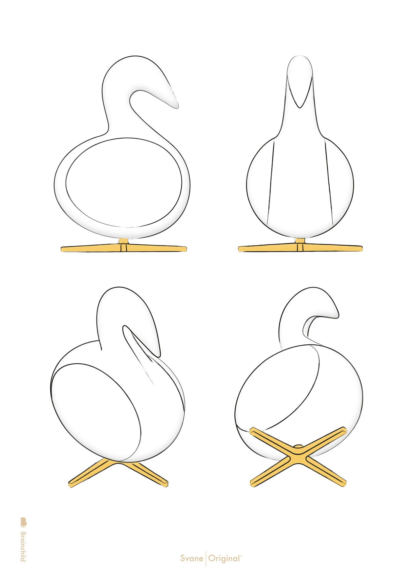 Brainchild Swan Design Sketches Poster Without Frame A5, White Background