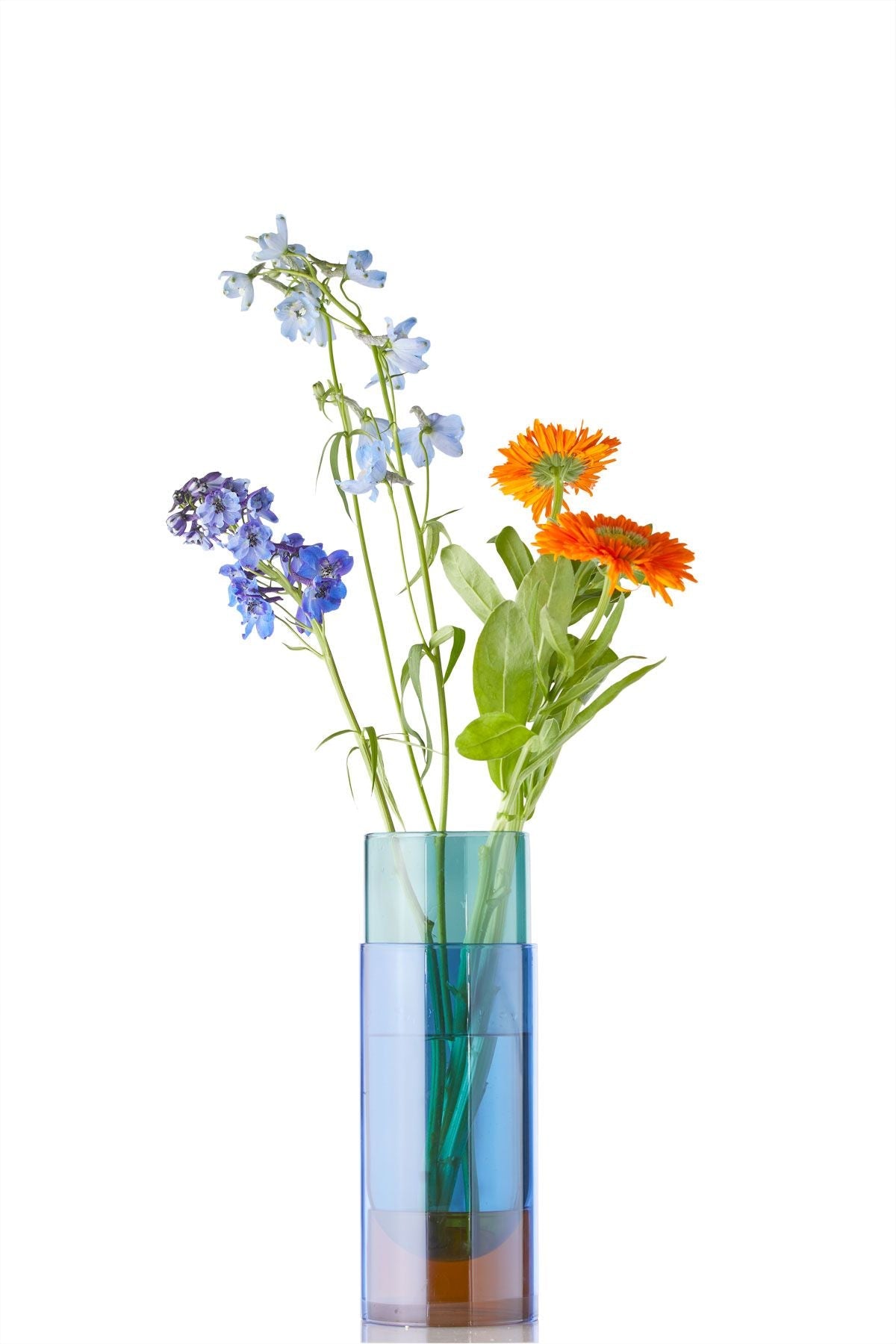 Studio sur le vase à tube de bouquet, bleu