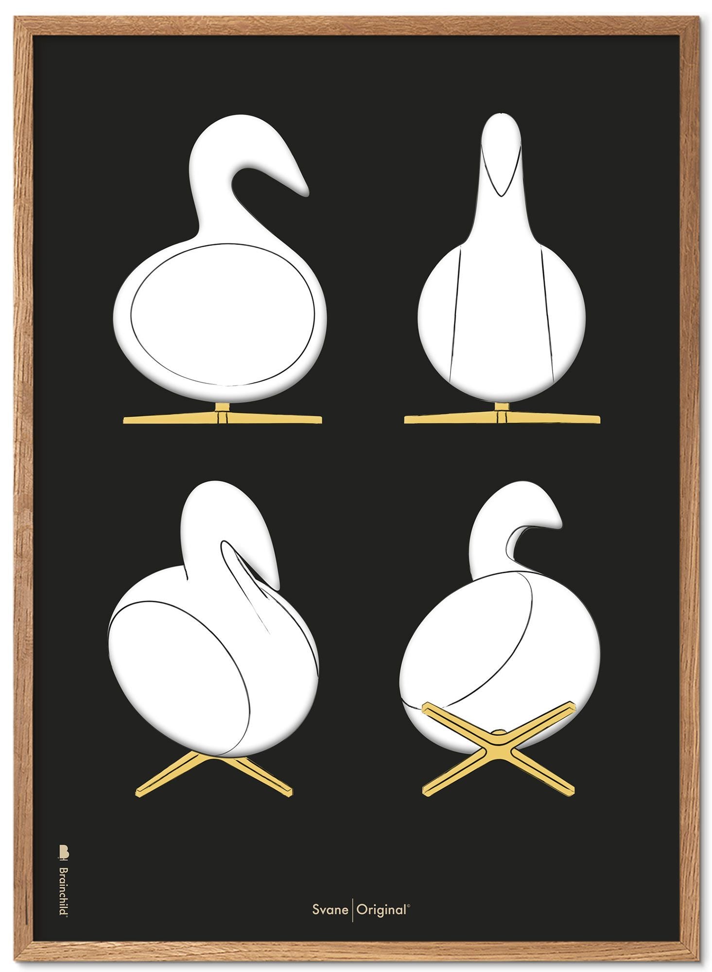 Brainchild Swan Design Sketches Poster Frame Made Of Light Wood A5, Black Background