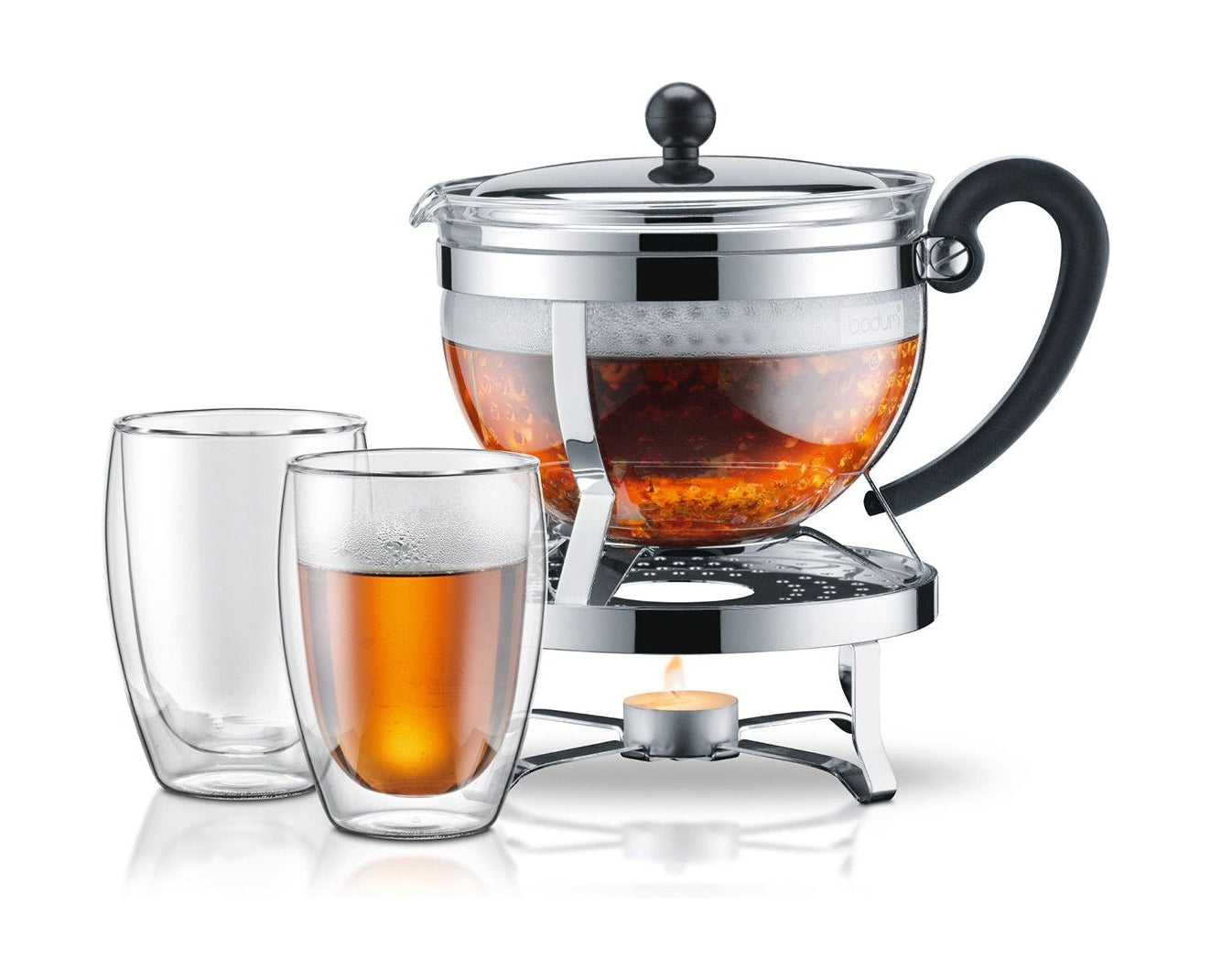 Bodum Chambord Set Tea Maker avec filtre en plastique avec reaud et 2 pots à double paroi chromés, 2 pcs.