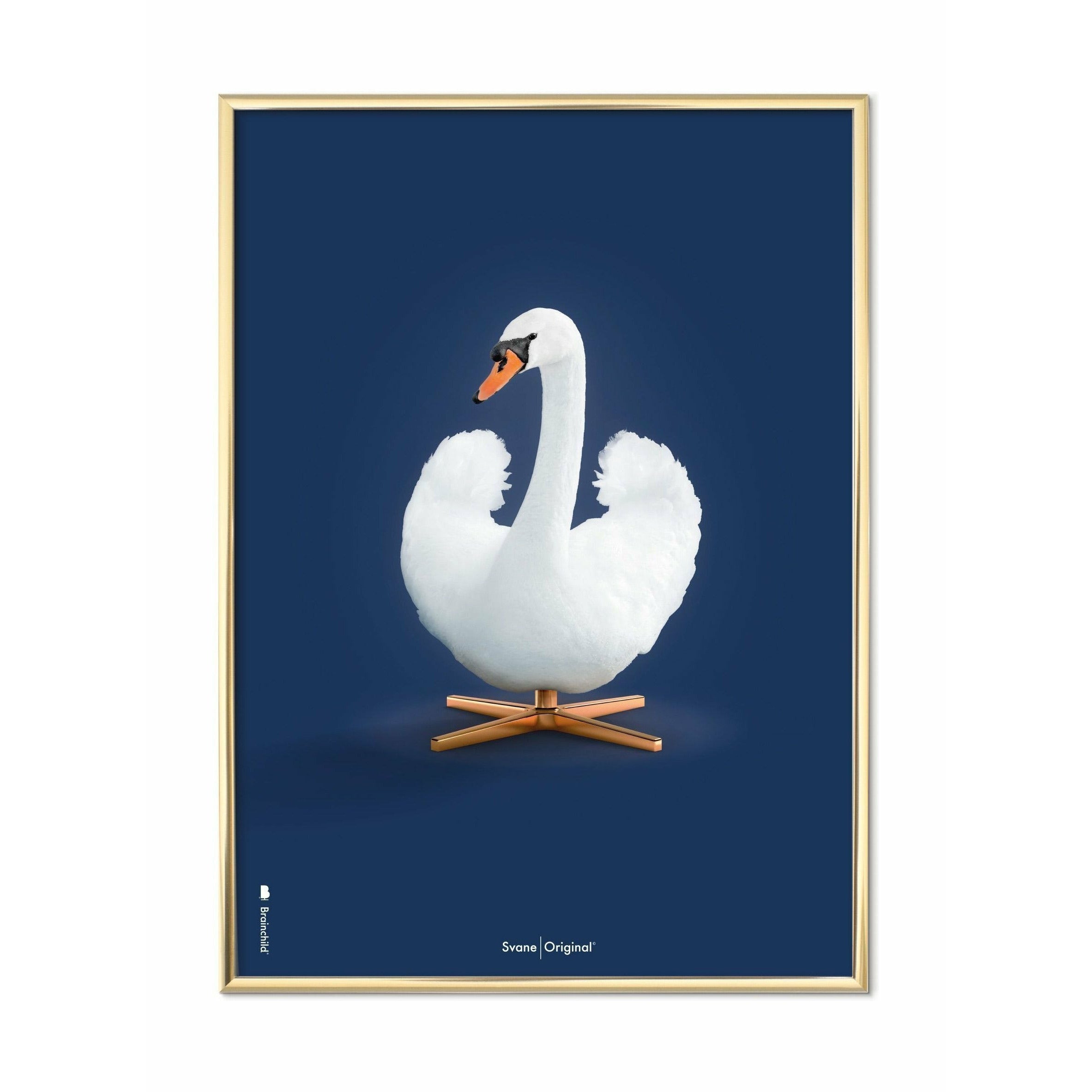 Brainchild Swan Classic Poster, Brass Colored Frame A5, Dark Blue Background