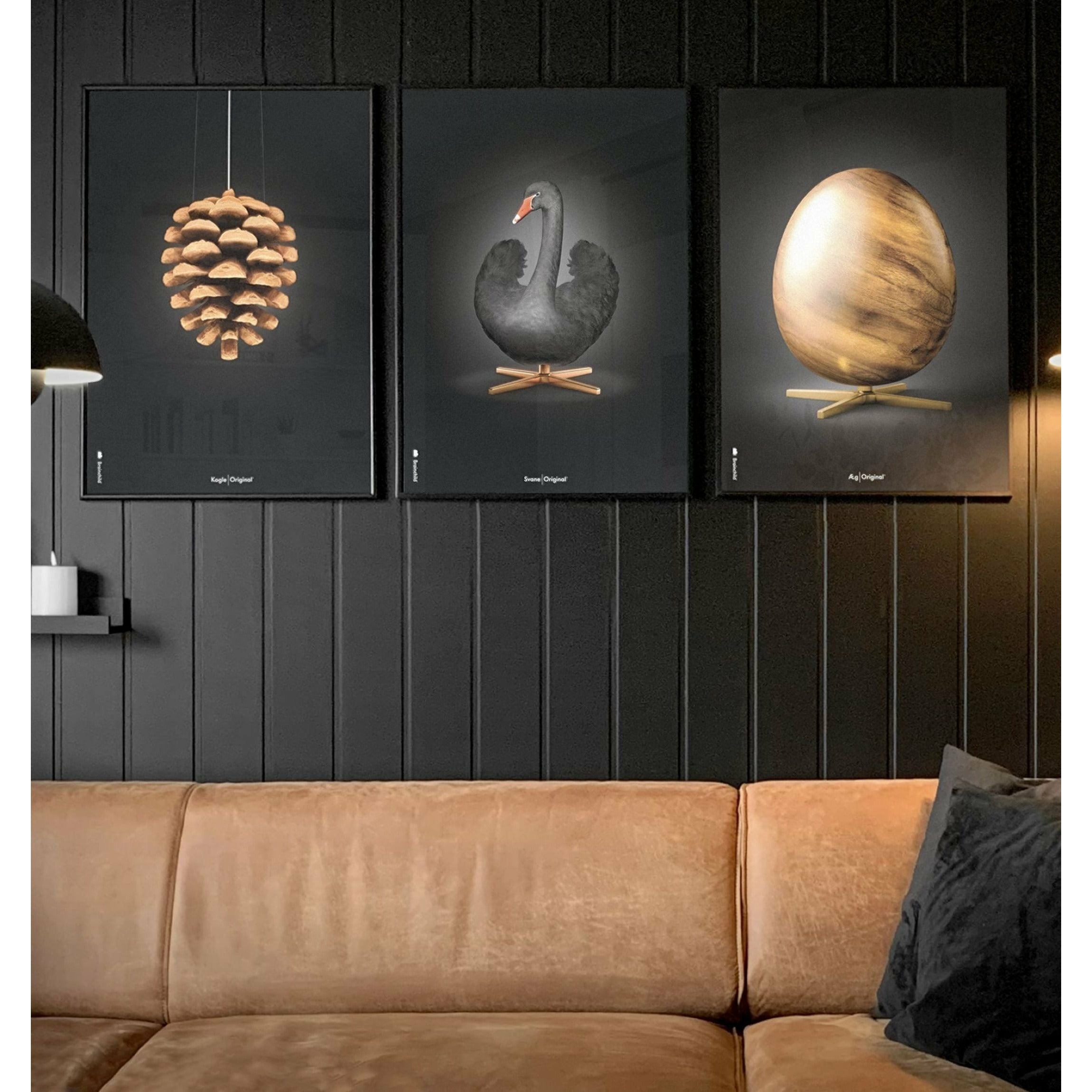 Brainchild Swan Classic Poster, Frame Made Of Dark Wood 50x70 Cm, Black/Black Background