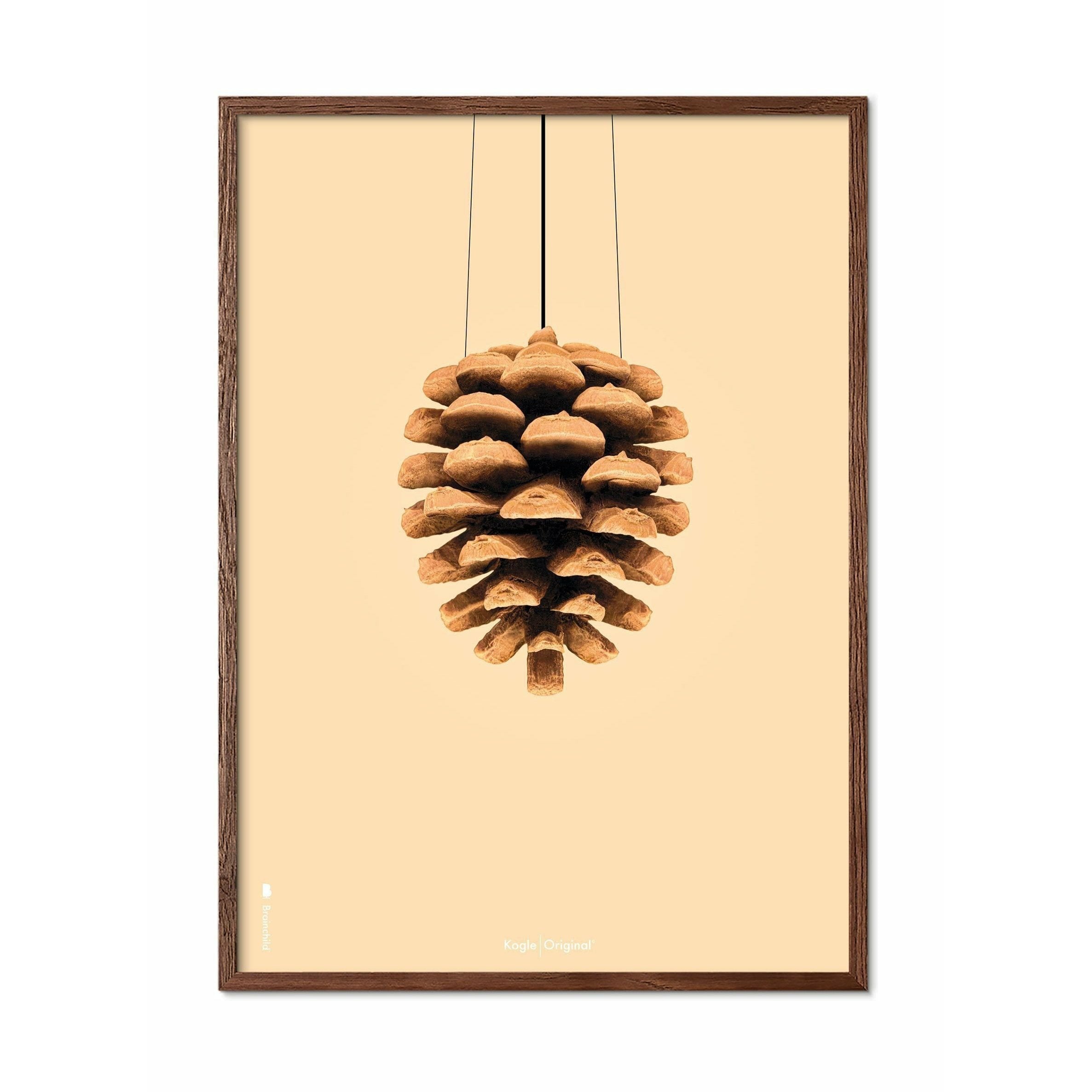Póster clásico de cono de pino de creación, marco de madera oscura 70x100 cm, fondo de color arena