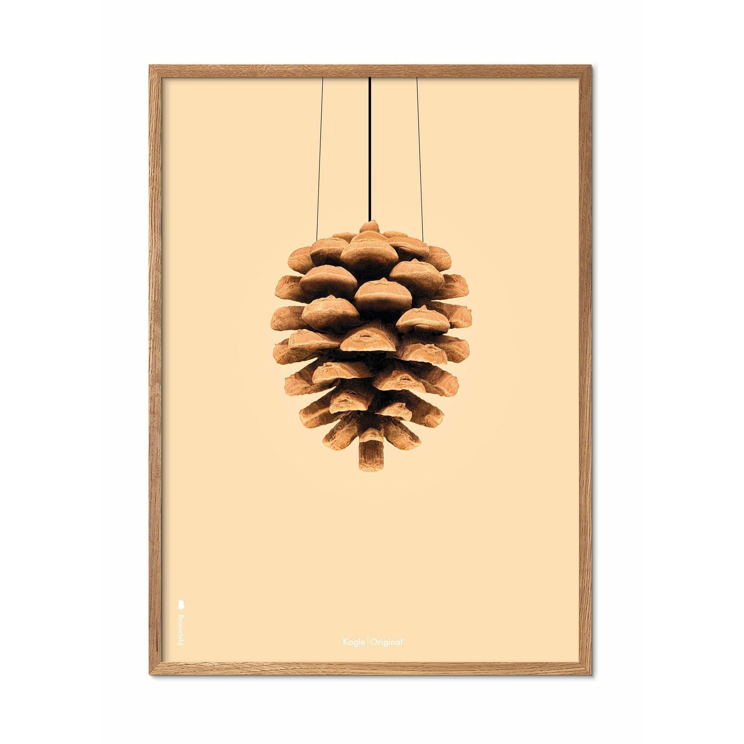 Póster clásico de cono de pino de creación, marco hecho de madera clara de 50x70 cm, fondo de color arena