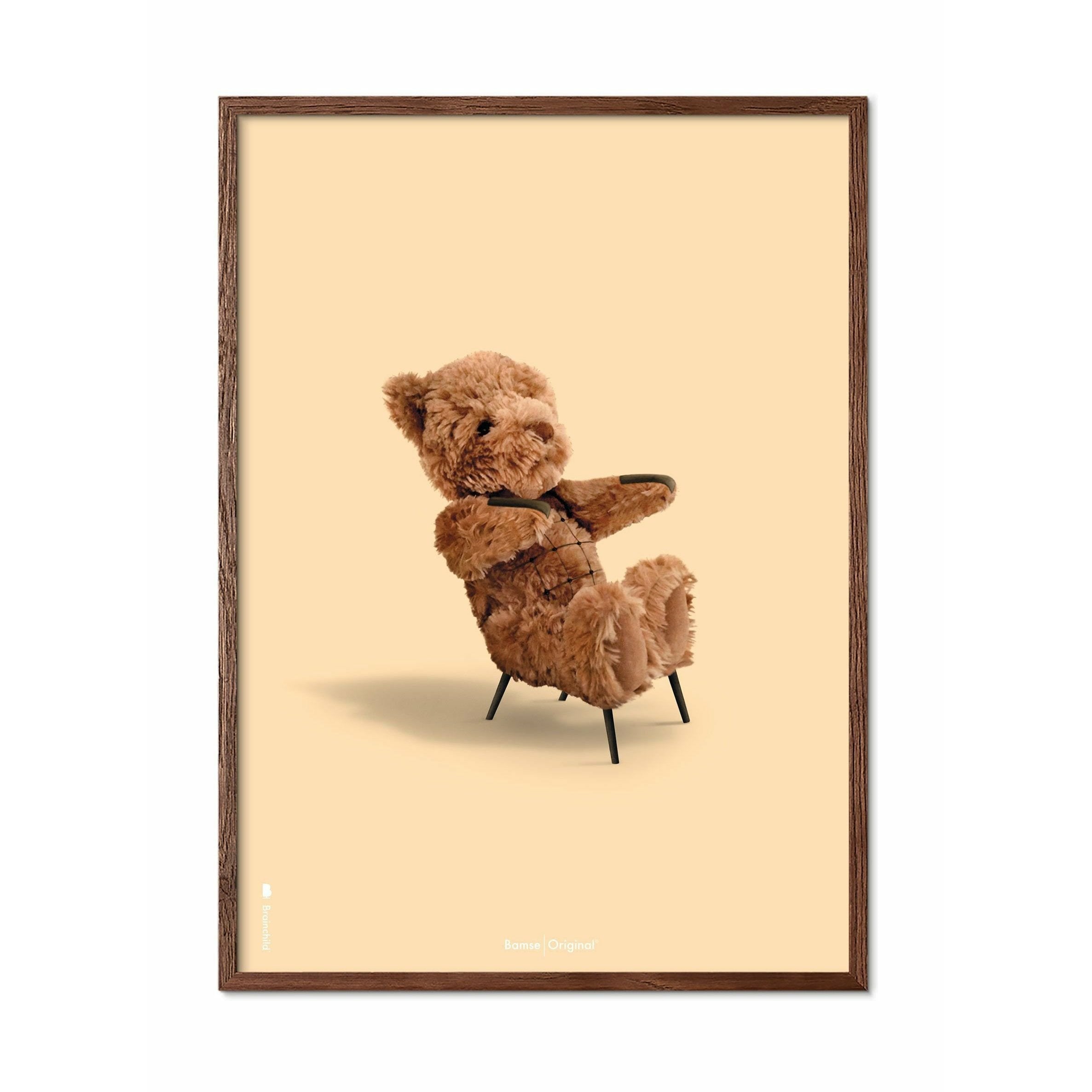 Brainchild Teddy Bear Classic Poster, Dark Wood Frame A5, Sandfarvet baggrund