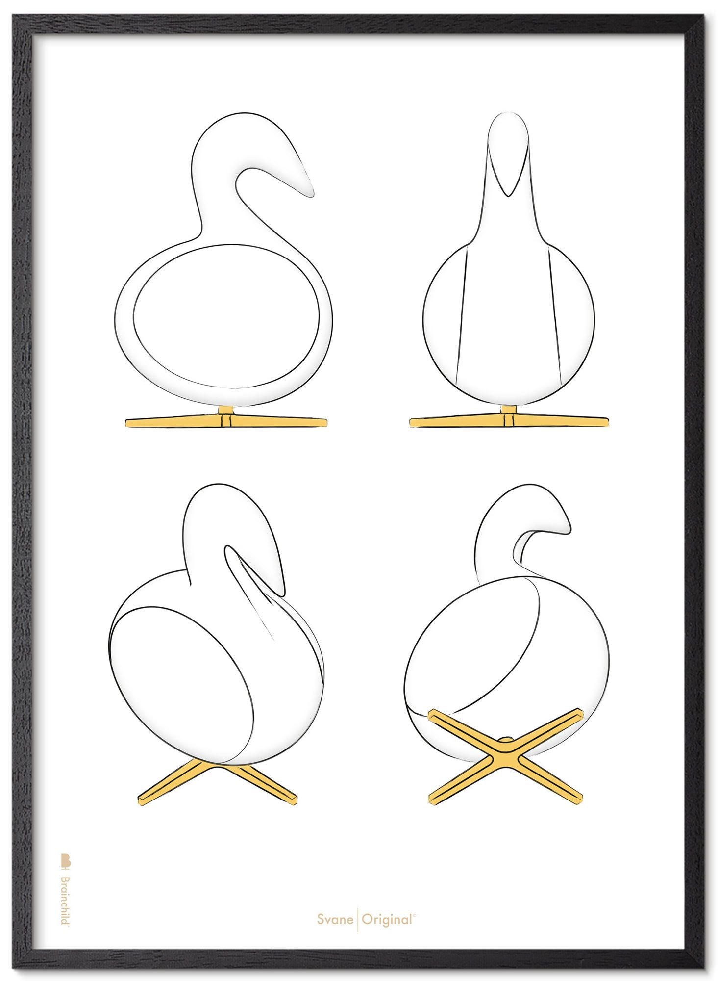 Brainchild Swan designskisser affischram gjord av svart lackerat trä A5, vit bakgrund