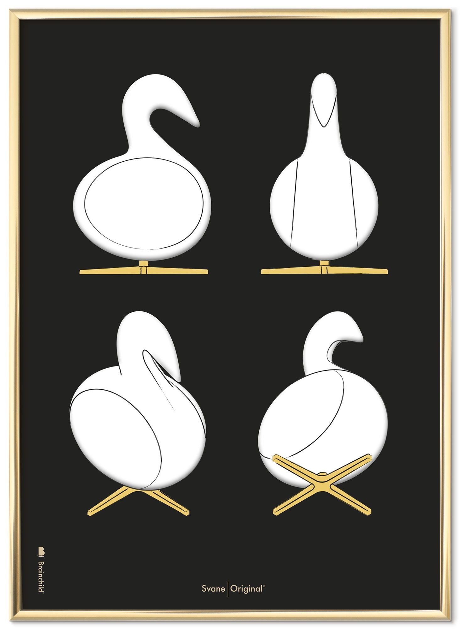 Brainchild Swan Design Sketches posterframe gemaakt van messingkleurig metaal 70x100 cm, zwarte achtergrond