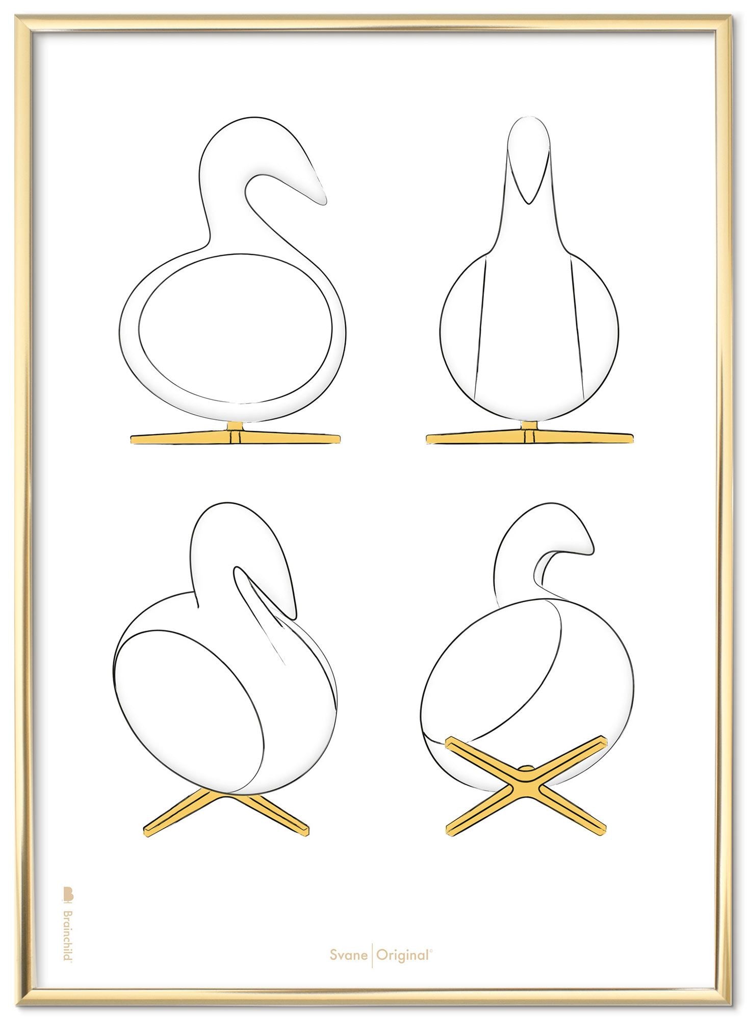 Brainchild Swan Design Sketches Poster Frame Made Of Brass Colored Metal 30x40 Cm, White Background