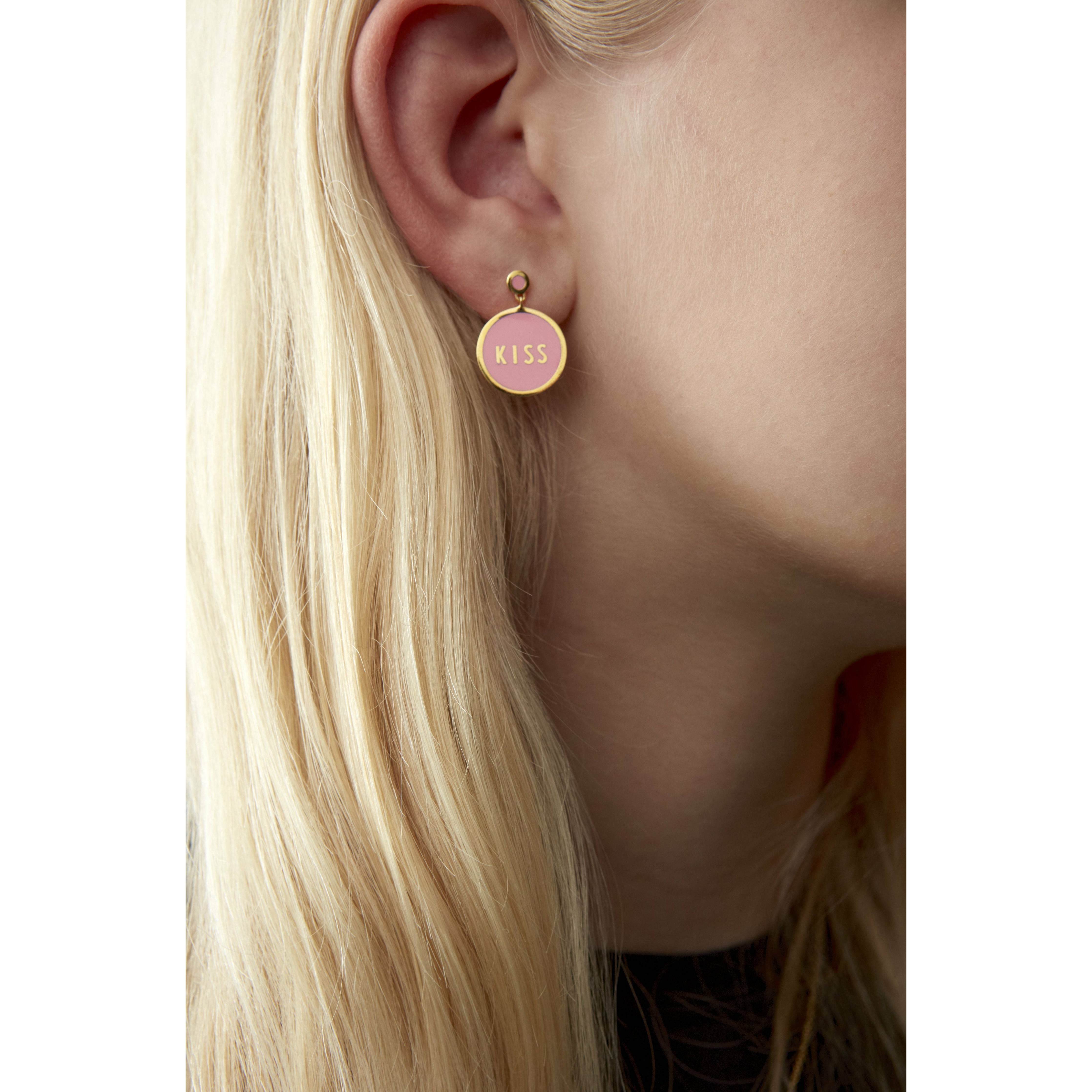 Design Letters Candy Disc Earring's Kiss Brass Gold Pospoted, Pink
