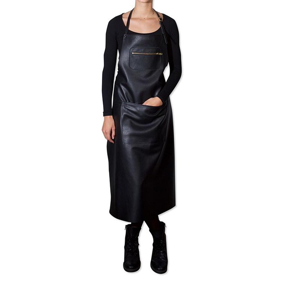 荷兰语围裙的拉链风格经典皮革超长，黑色