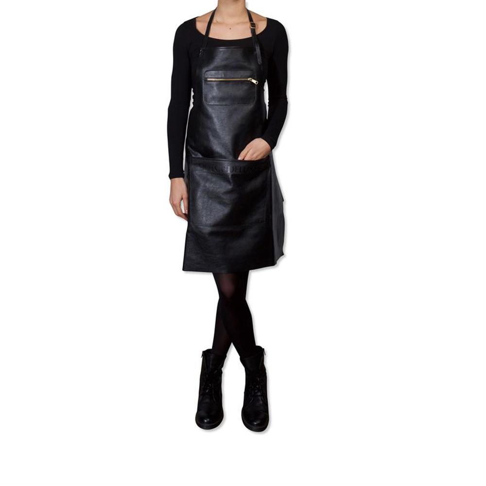荷兰语围裙，拉链风格的经典皮革，黑色