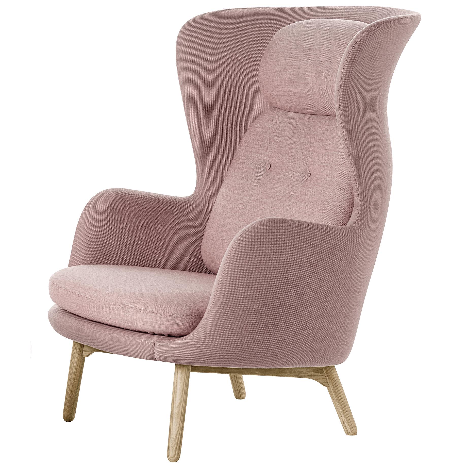 Fritz Hansen Ro Lounge stol træ, stålcut lyserød/ lærred lyserød