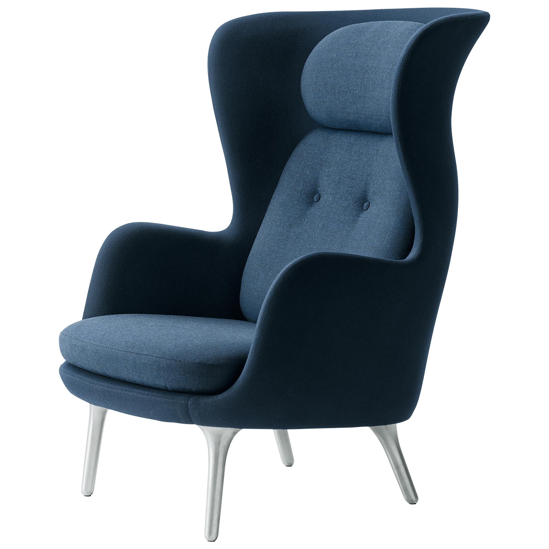 Fritz Hansen Ro Lounge Chair Two Tonus aluminium, roem/canvas donkerblauw