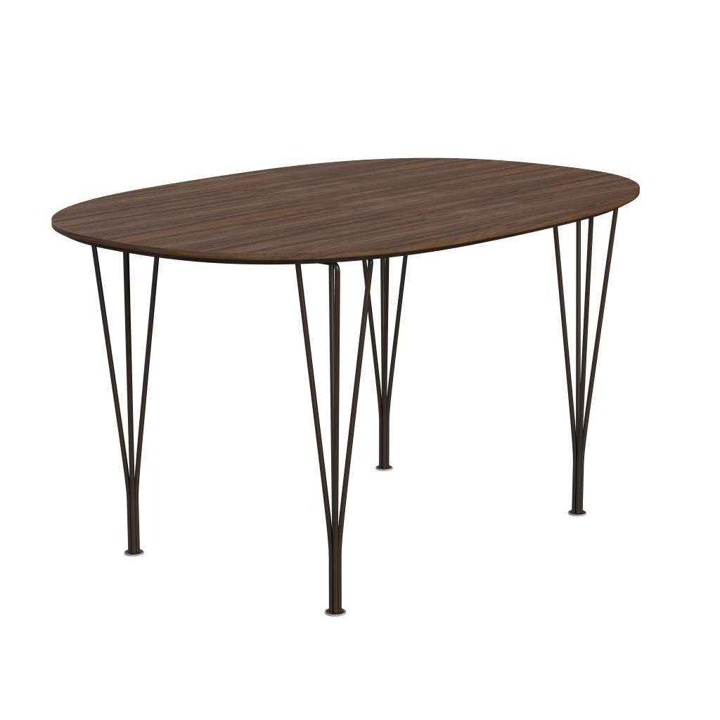 Fritz Hansen Superellipse Mesa de comedor de bronce marrón/chapa de nuez con borde de mesa de nogal, 135x90 cm