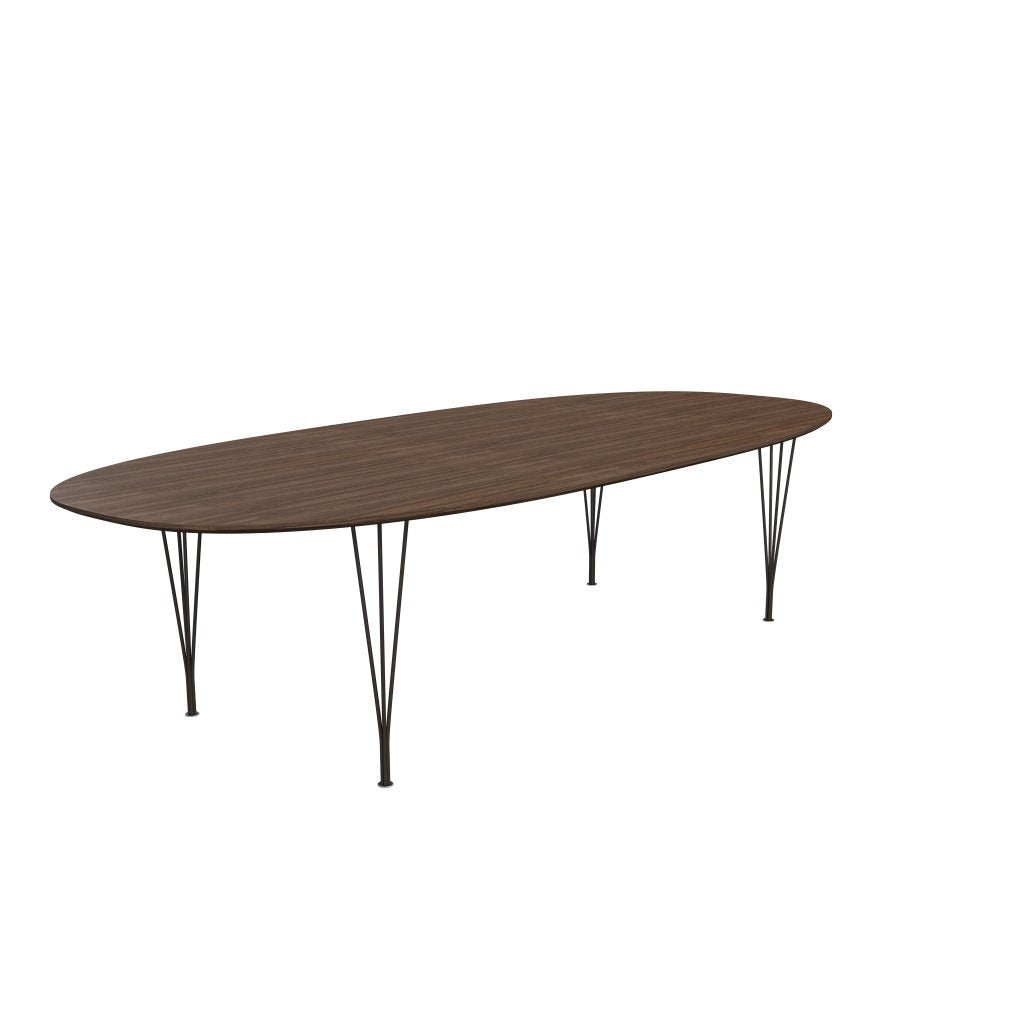 Fritz Hansen Superellipse -ruokapöytä ruskea pronssi/pähkinäviilu pähkinäpöydän reunalla, 300x130 cm